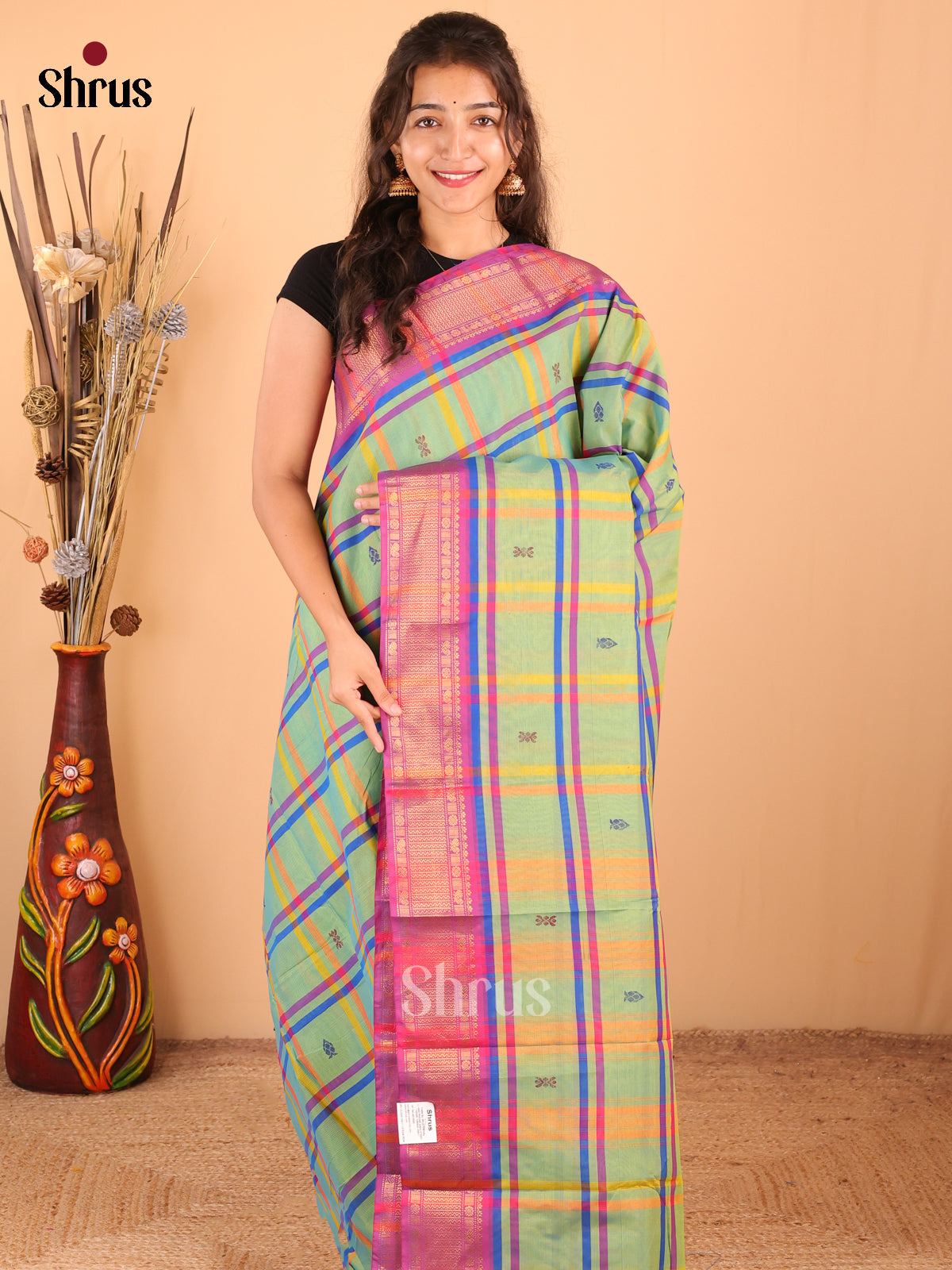 Green with Pink - DDS18296 - Chettinad Mix Cotton Saree - Shop on Shrus.com