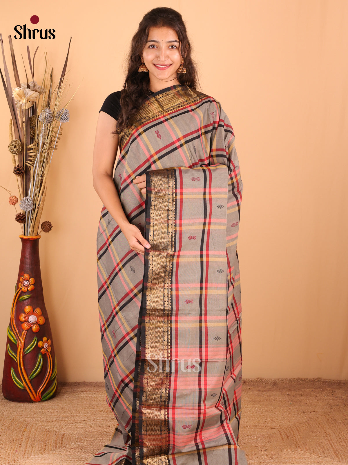 Grey with Black - DDS18300 - Chettinad Mix Cotton Saree - Shop on Shrus.com