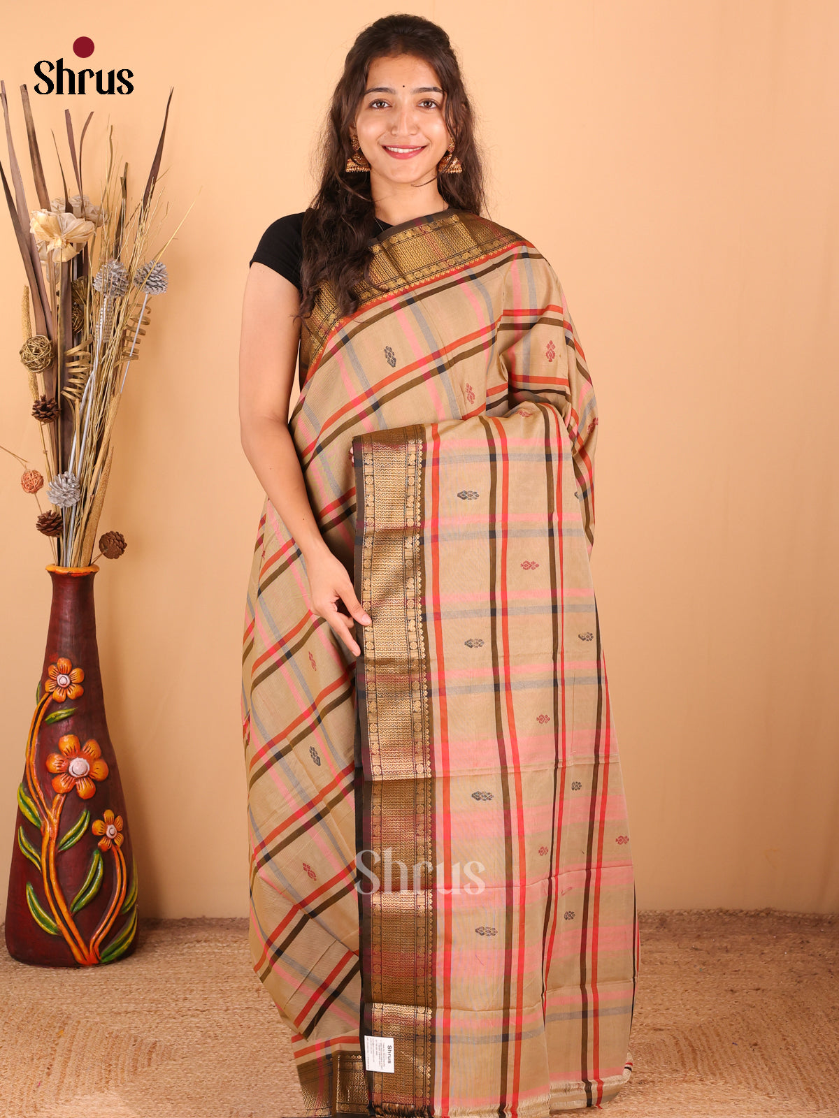Dusty Brown with Brown - DDS18302 - Chettinad Mix Cotton Saree - Shop on Shrus.com