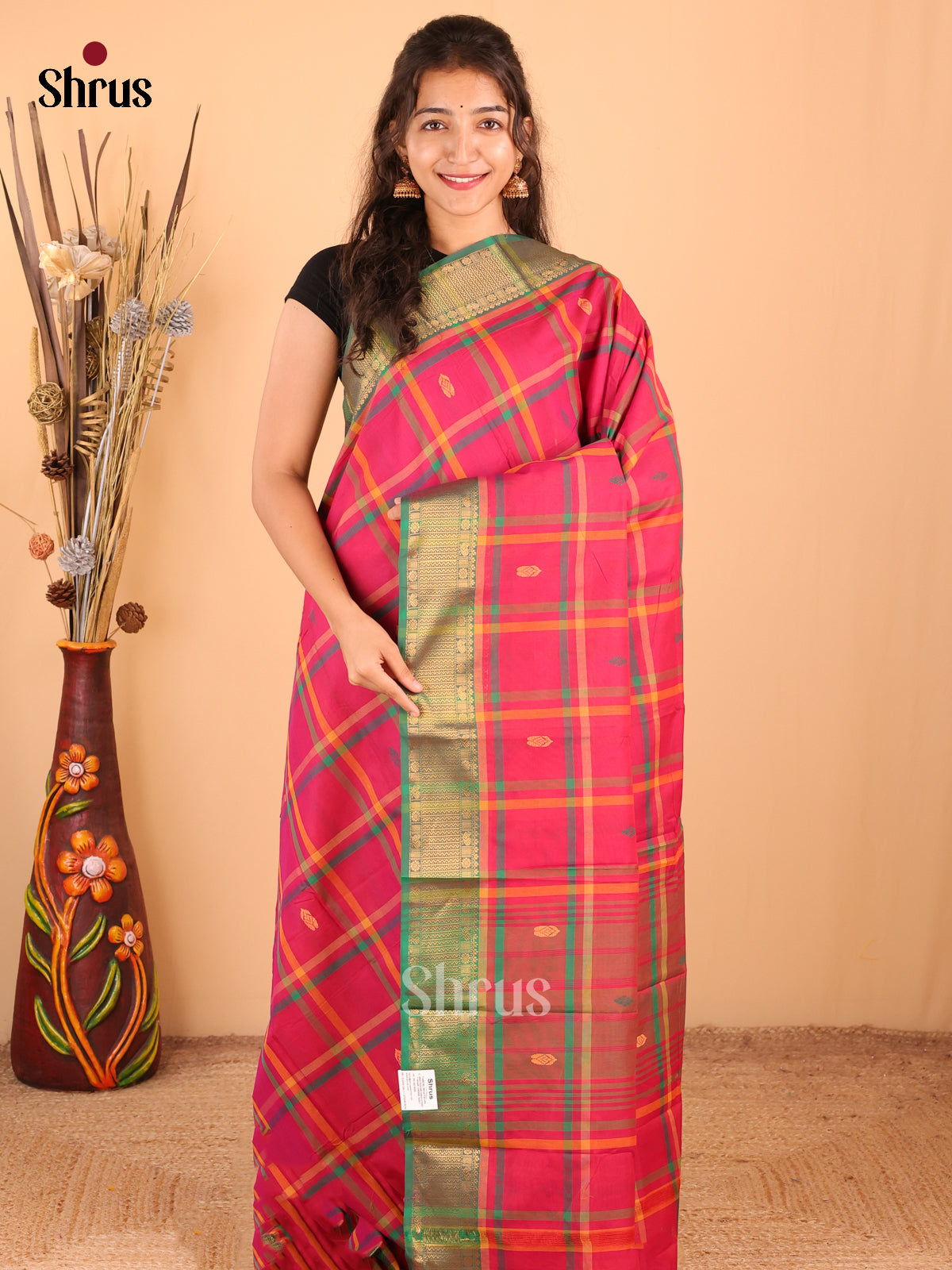 Pink with Green - DDS18305 - Chettinad Mix Cotton Saree - Shop on Shrus.com
