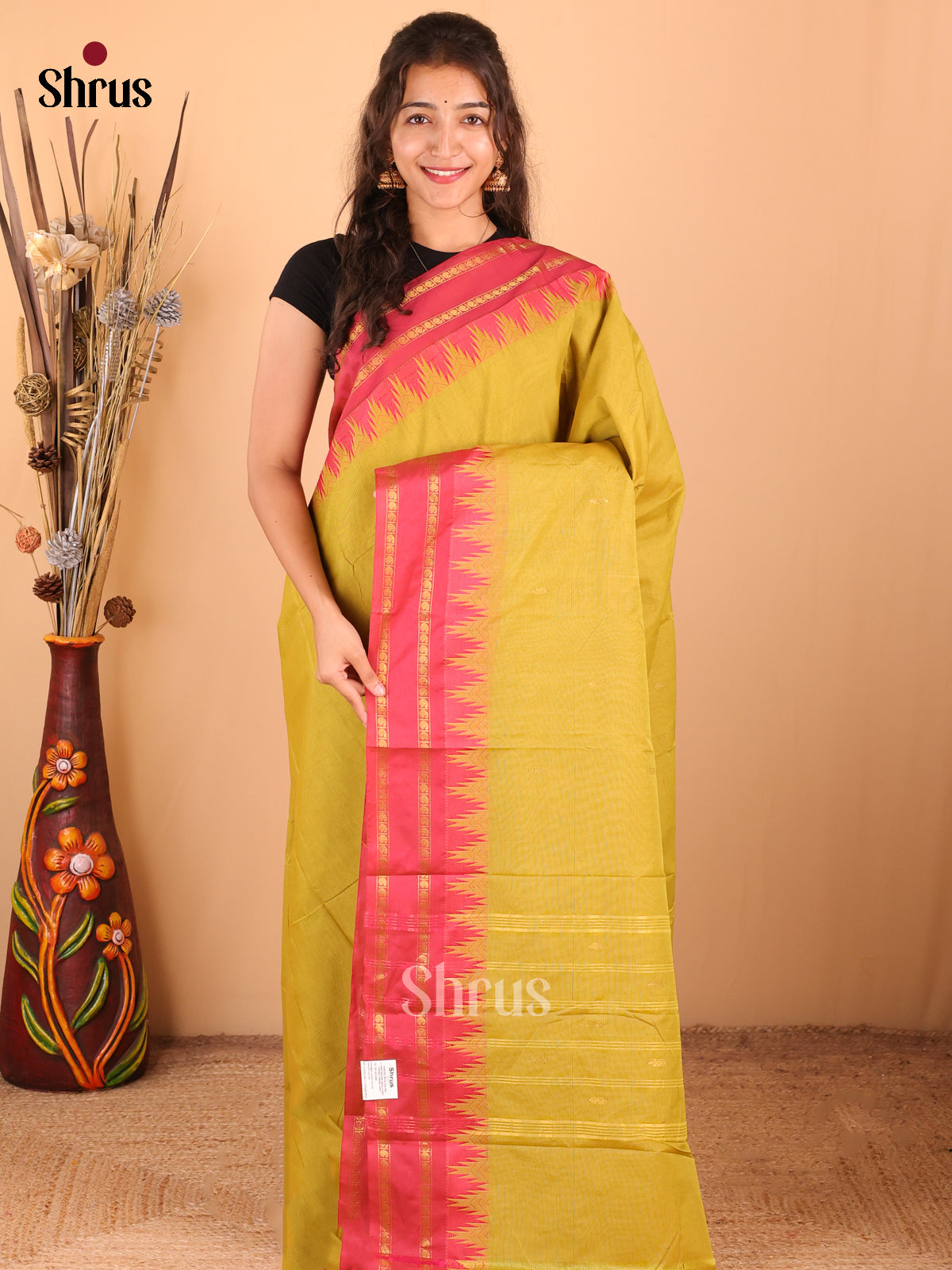 Mustardy Green with Orangish Pink - DDS18314 - Chettinad Mix Cotton Saree - Shop on Shrus.com