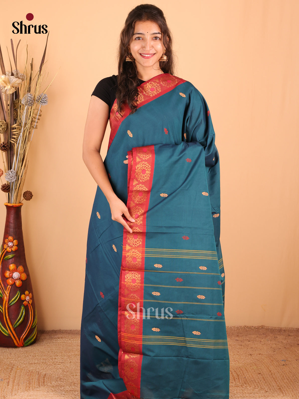 Peacock Blue with Red - DDS18322 - Chettinad Mix Cotton Saree - Shop on Shrus.com