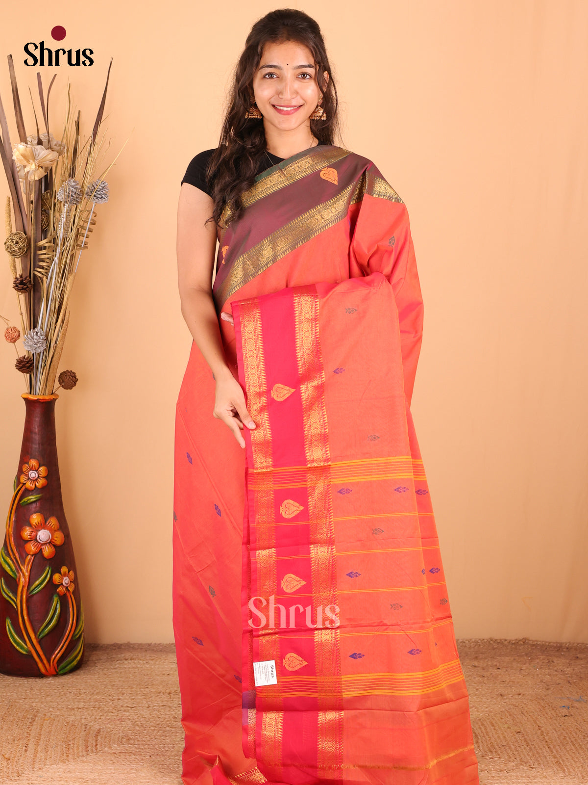 Orangish Pink with Pink - DDS18345 - Chettinad Mix Cotton Saree - Shop on Shrus.com