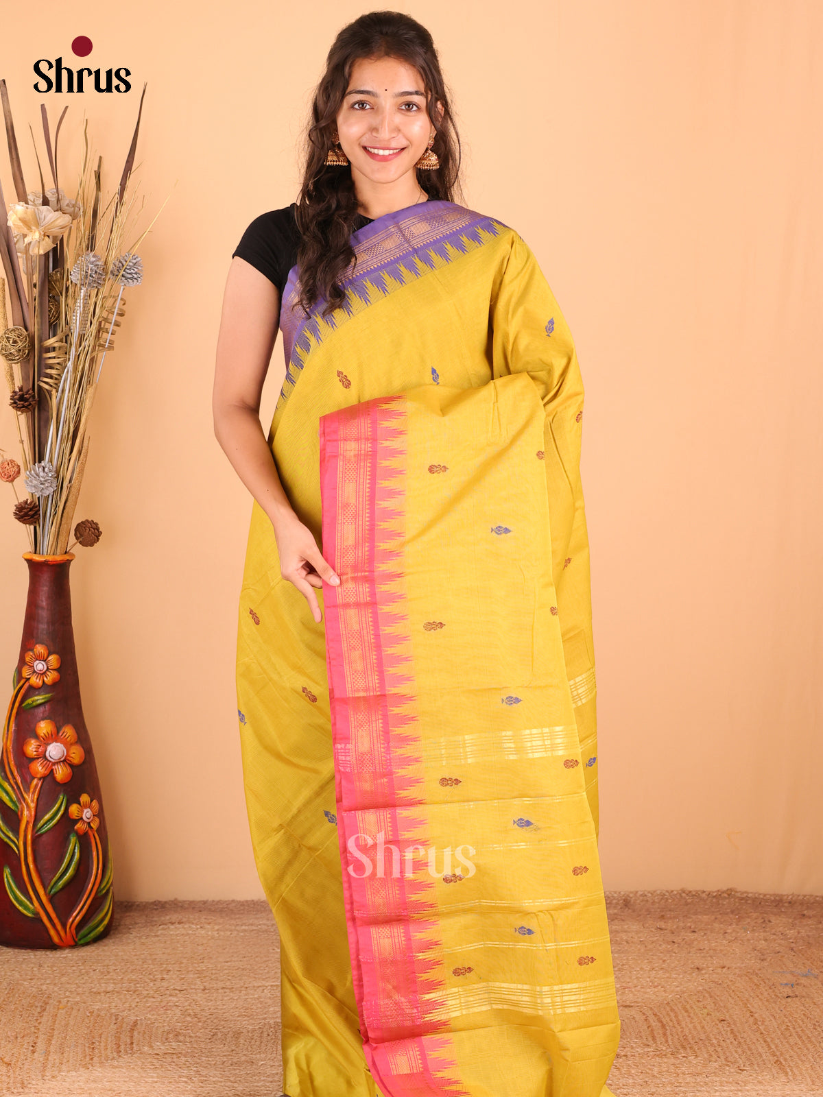 Mustardy Green with Purple - DDS18348 - Chettinad Mix Cotton Saree - Shop on Shrus.com