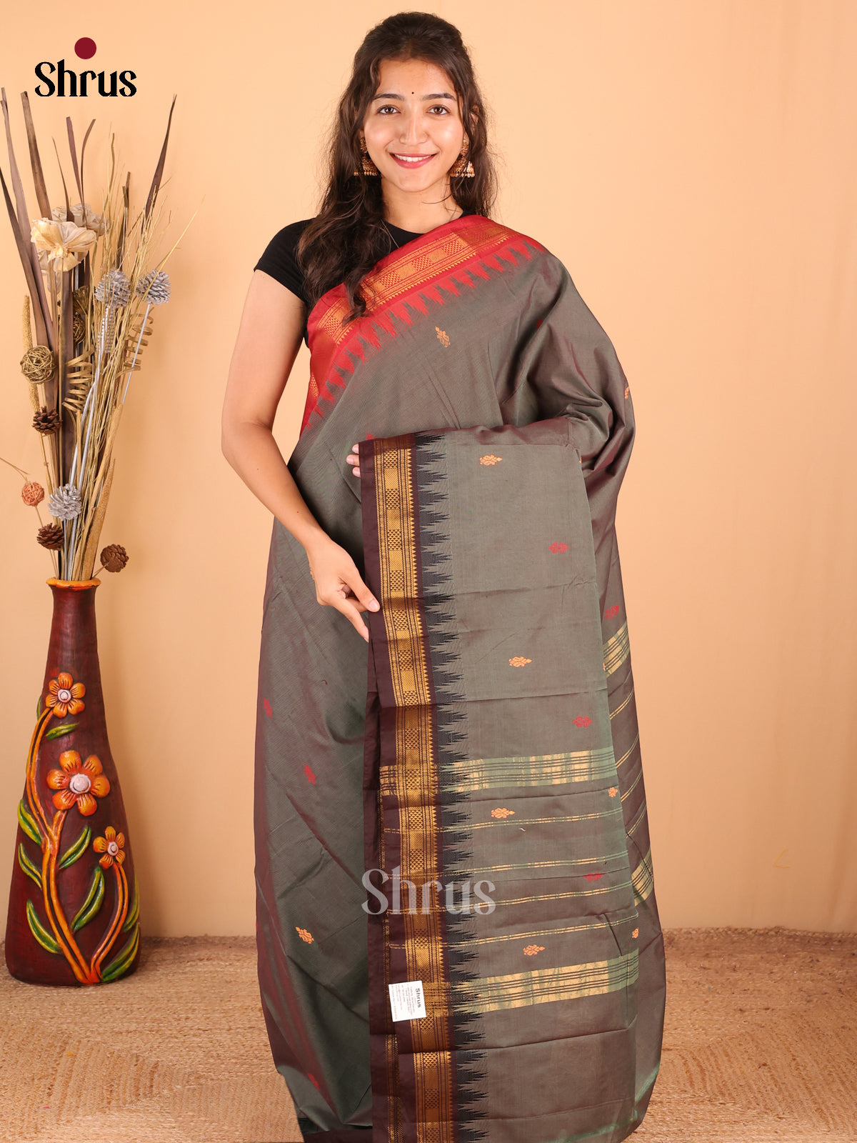 Grey with Brown - DDS18352 - Chettinad Mix Cotton Saree - Shop on Shrus.com