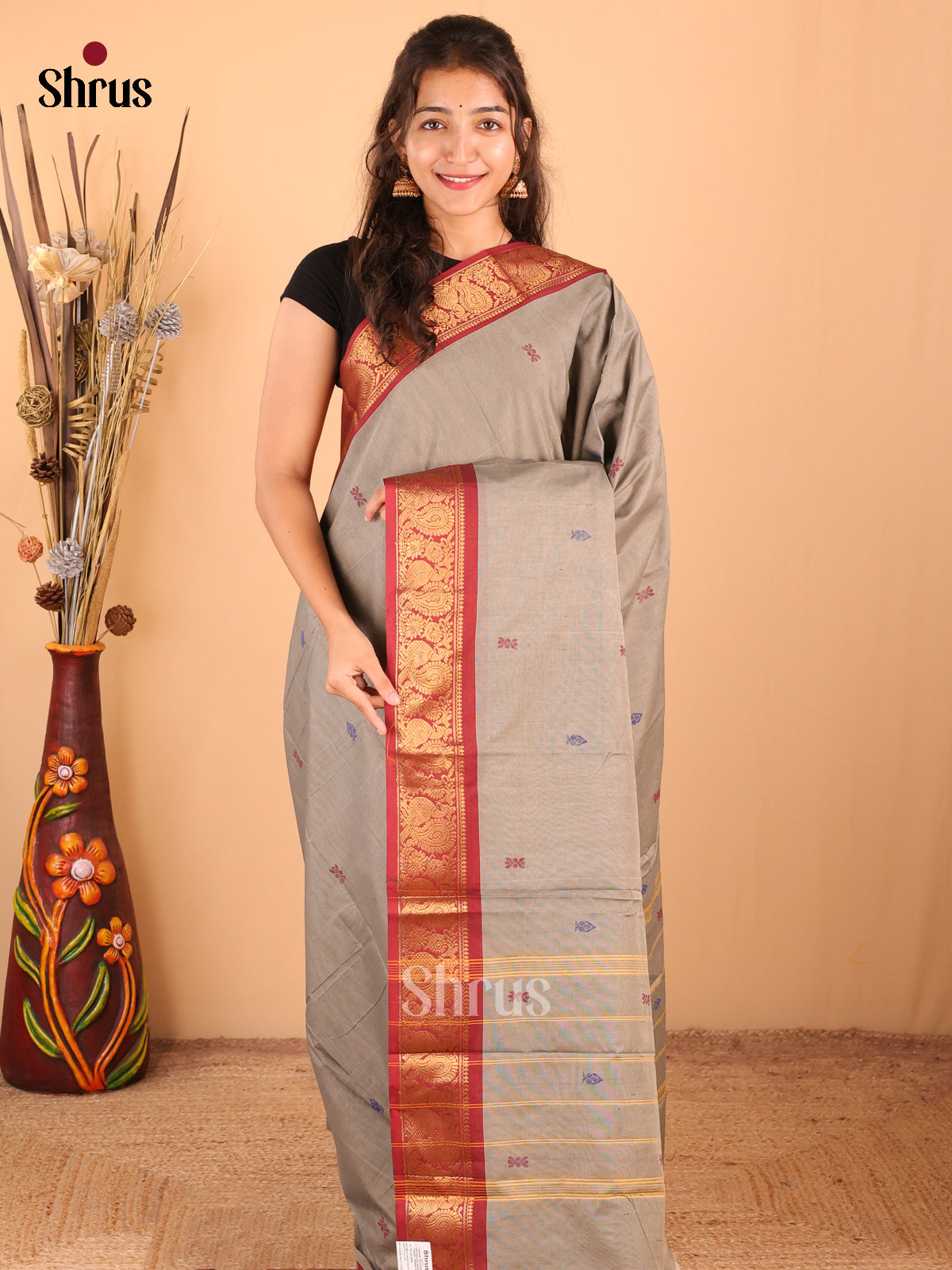 Grey with Red - DDS18364 - Chettinad Mix Cotton Saree - Shop on Shrus.com