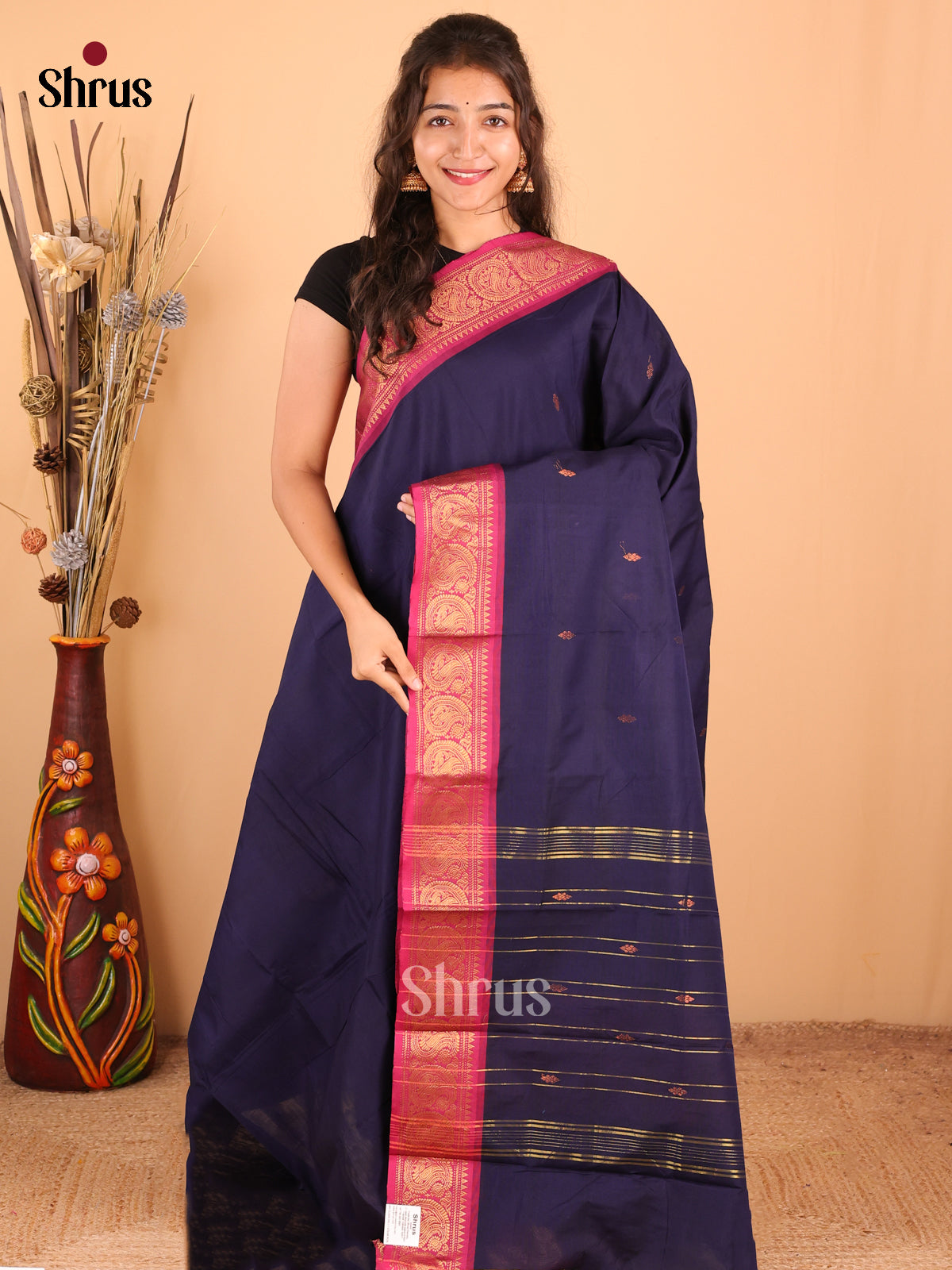 Blue with Maroon - DDS18369 - Chettinad Mix Cotton Saree - Shop on Shrus.com