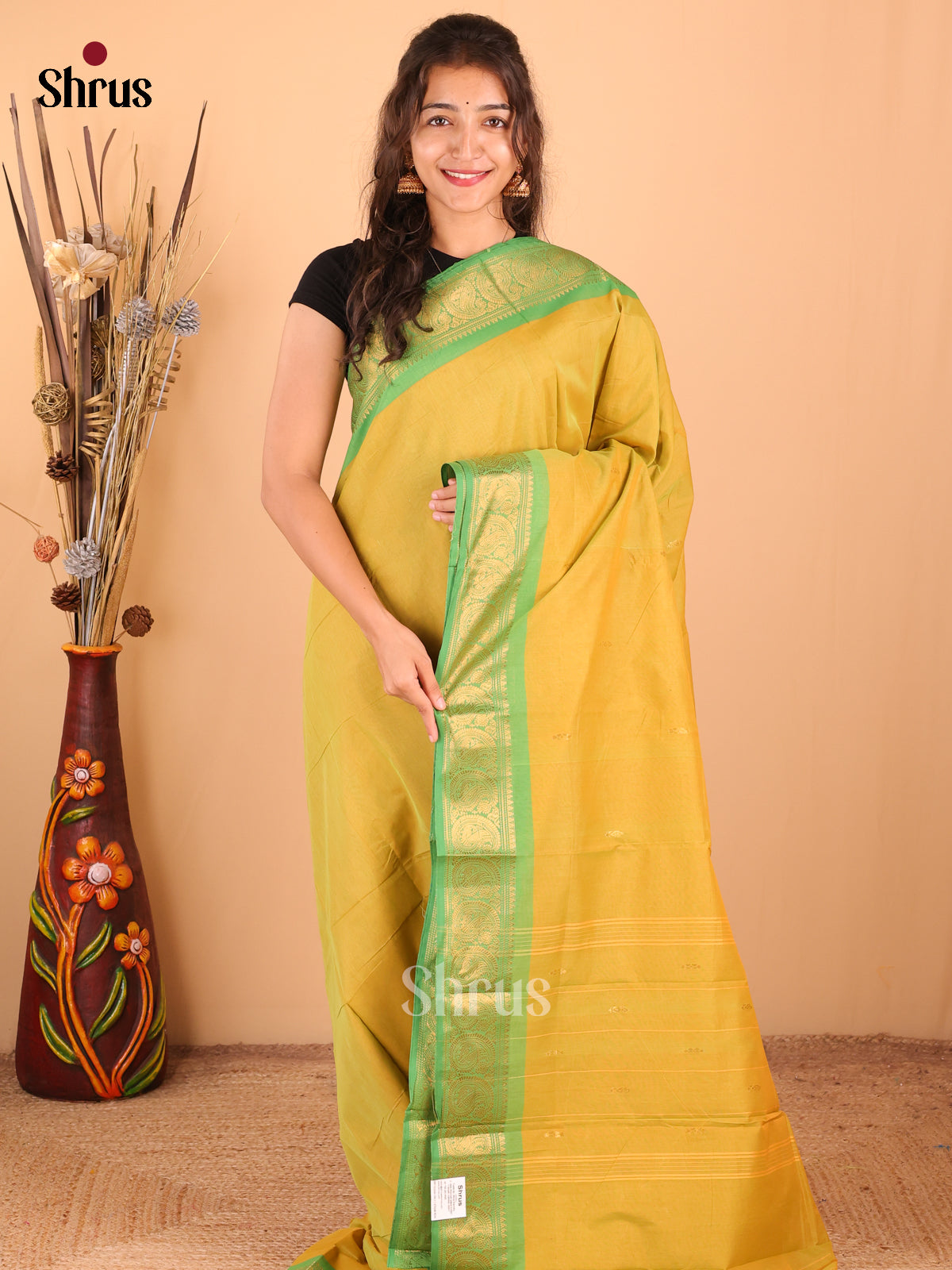 Mustard with Green - DDS18373 - Chettinad Mix Cotton Saree - Shop on Shrus.com