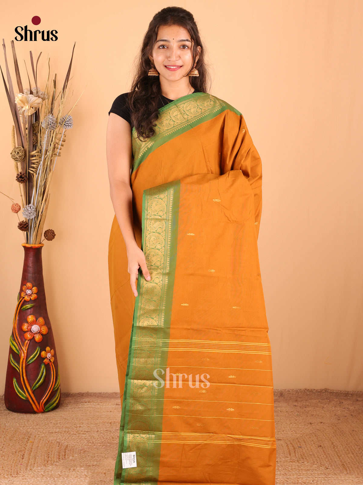 Mustard with Green - DDS18377 - Chettinad Mix Cotton Saree - Shop on Shrus.com