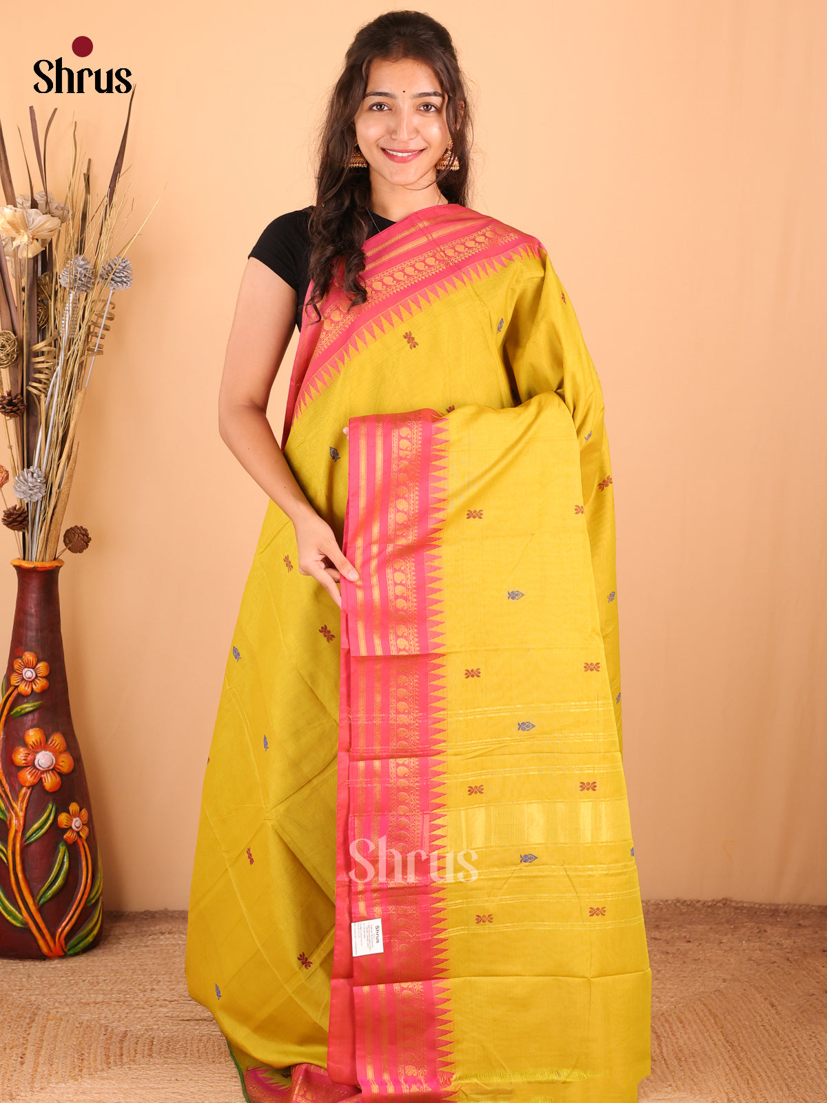 Mustardy Green with Orangish Pink - DDS18389 - Chettinad Mix Cotton Saree - Shop on Shrus.com