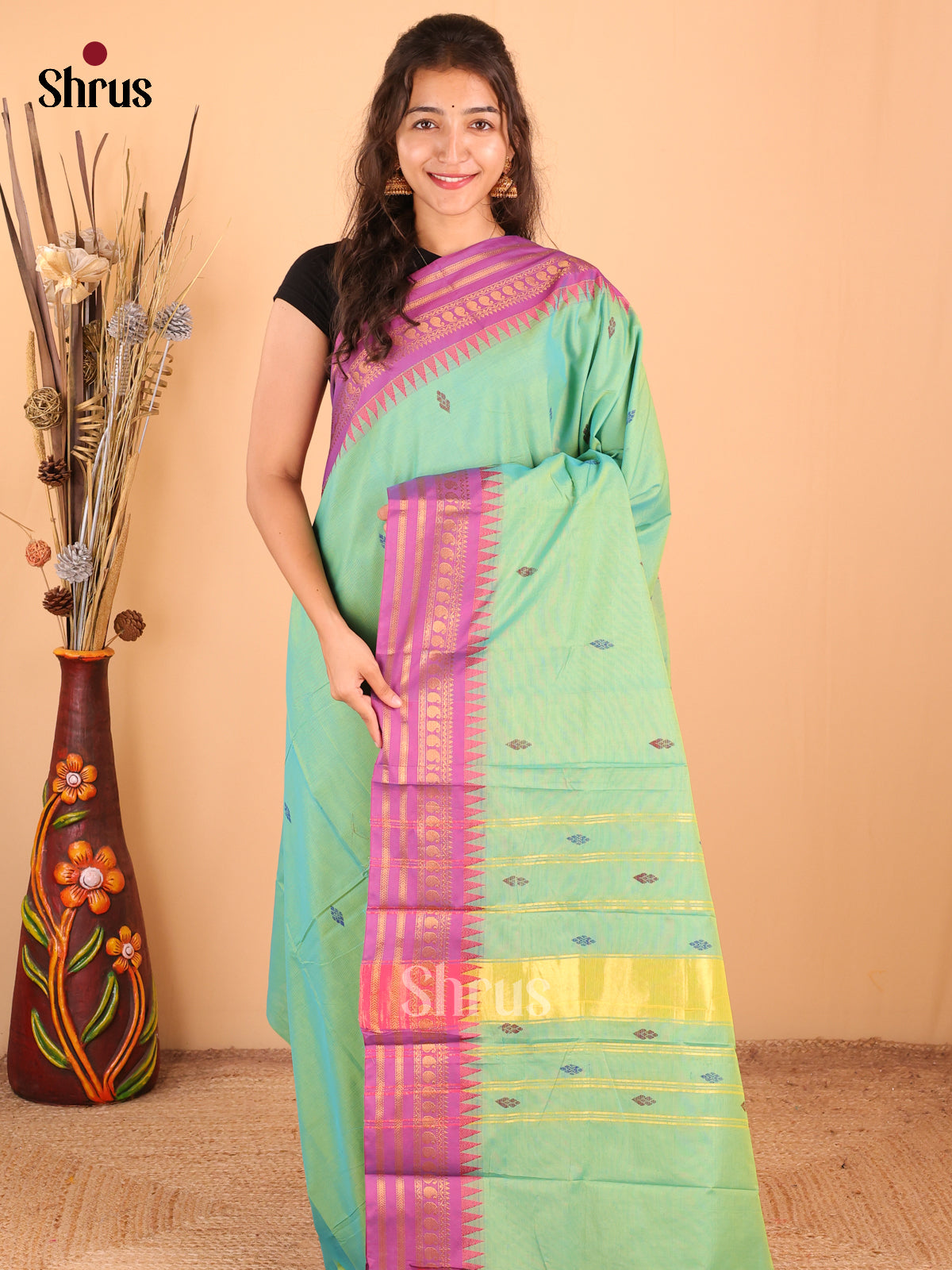 Pastel Green with Purple - DDS18390 - Chettinad Mix Cotton Saree - Shop on Shrus.com