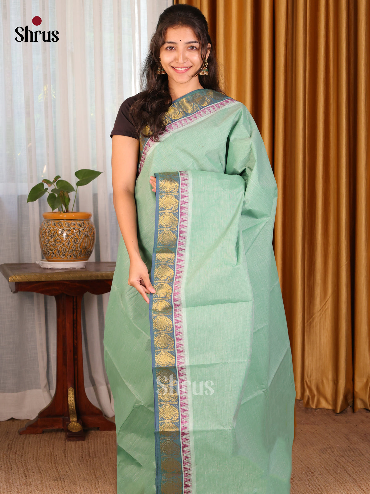 Pastel Green - DDS21274 - South Cotton Saree - Shop on Shrus.com