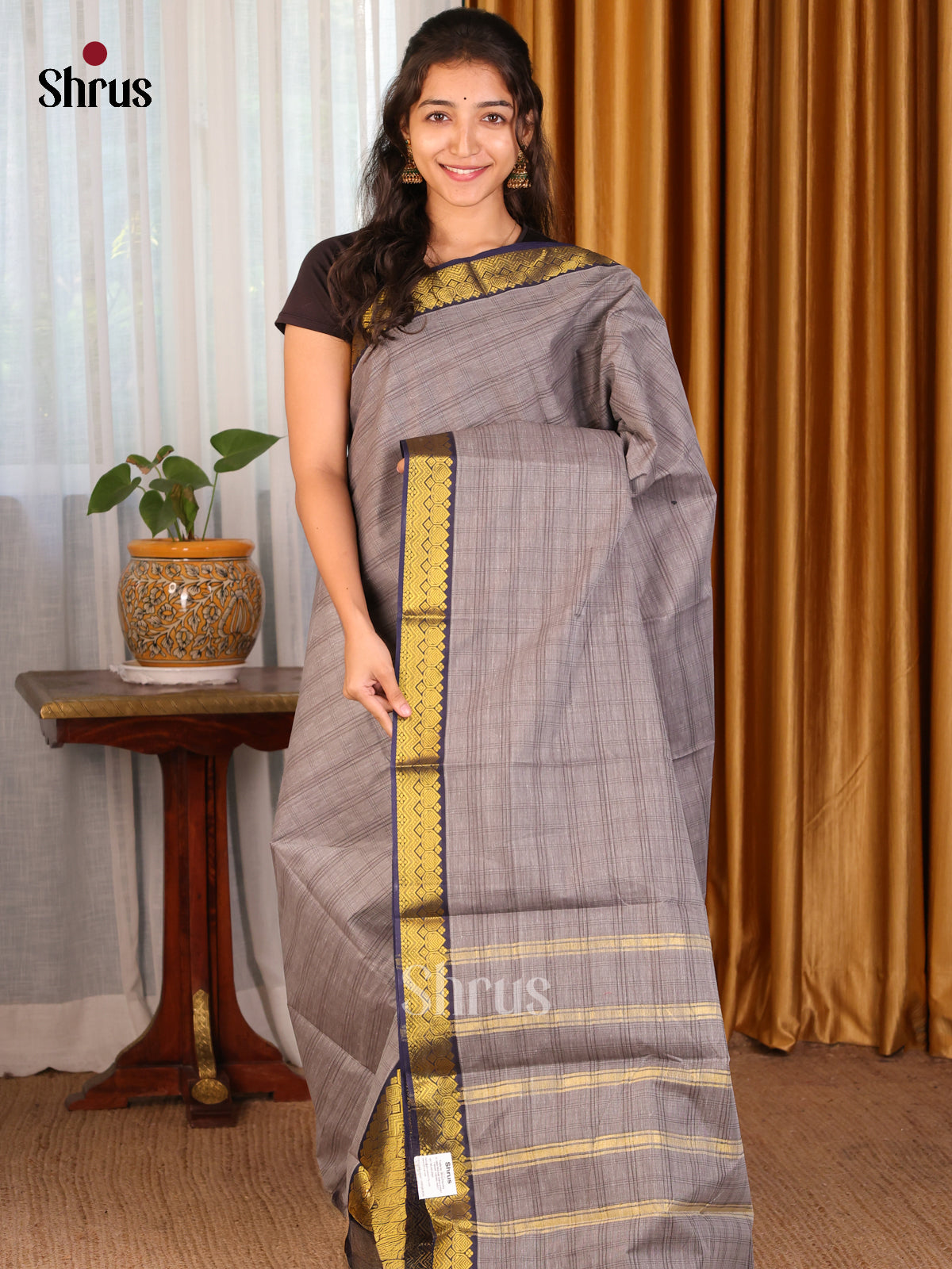 Grey with Blue - DDS21281 - South Cotton Saree - Shop on Shrus.com