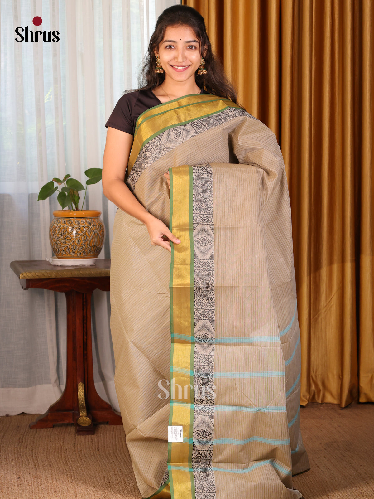 Grey with Green - DDS21284 - South Cotton Saree - Shop on Shrus.com