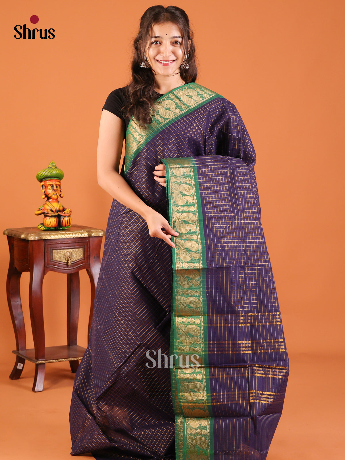Blue with Green - Chettinad Mix Cotton Saree - Shop on Shrus.com