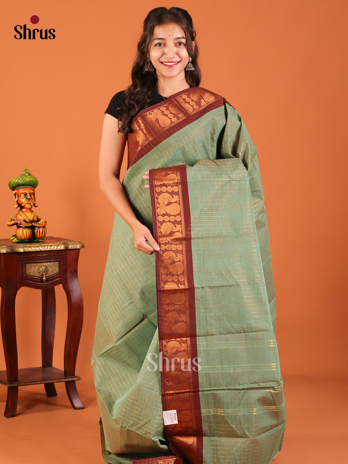 Green with Brown - Chettinad Mix Cotton Saree - Shop on Shrus.com