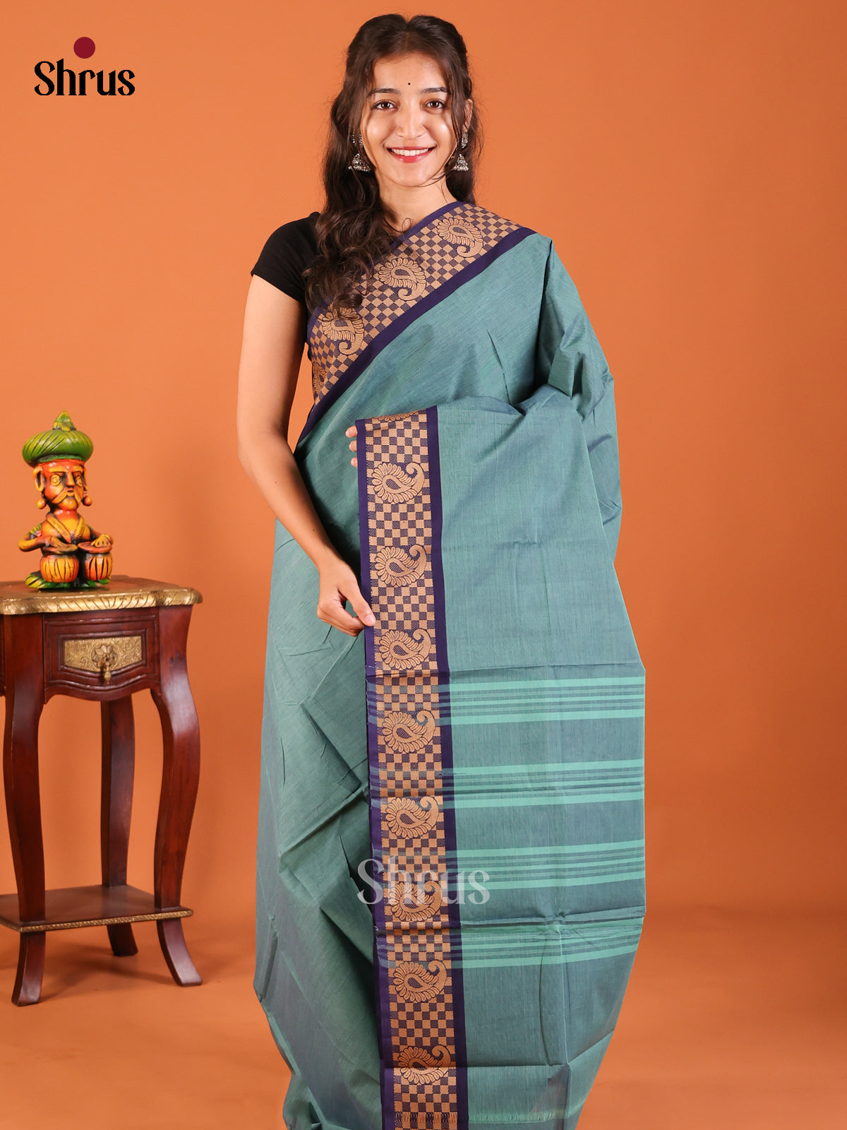 Double Shaded Grerish Blue with Blue - Chettinad Mix Cotton Saree - Shop on Shrus.com
