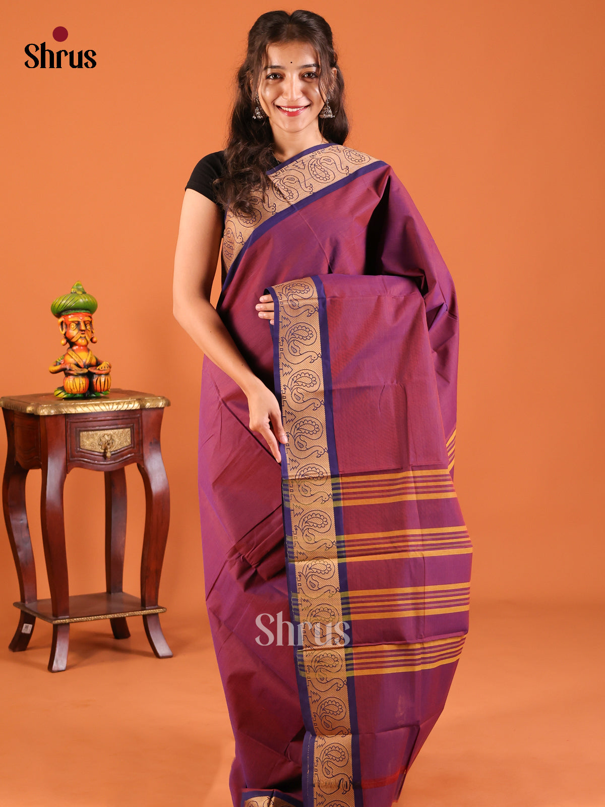 Maroon with Blue - Chettinad Mix Cotton Saree - Shop on Shrus.com