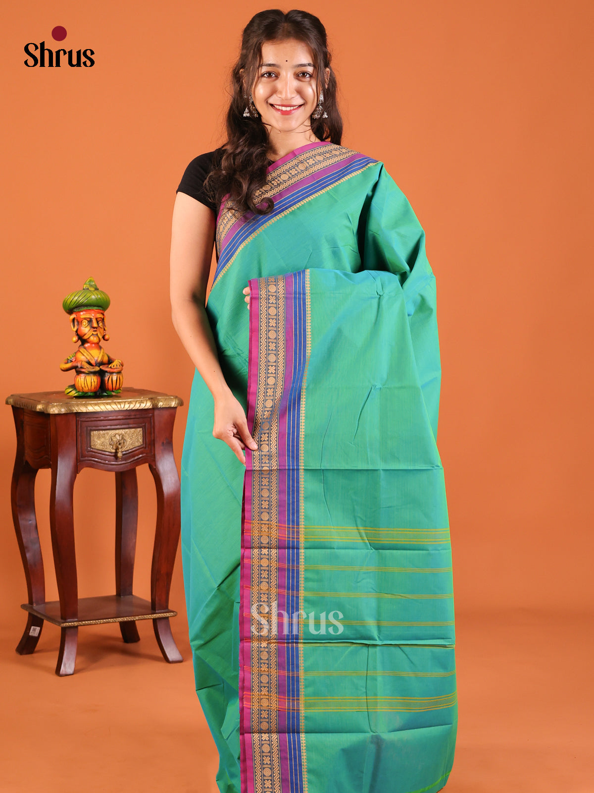 Teal Green with Purple - Chettinad Mix Cotton Saree - Shop on Shrus.com