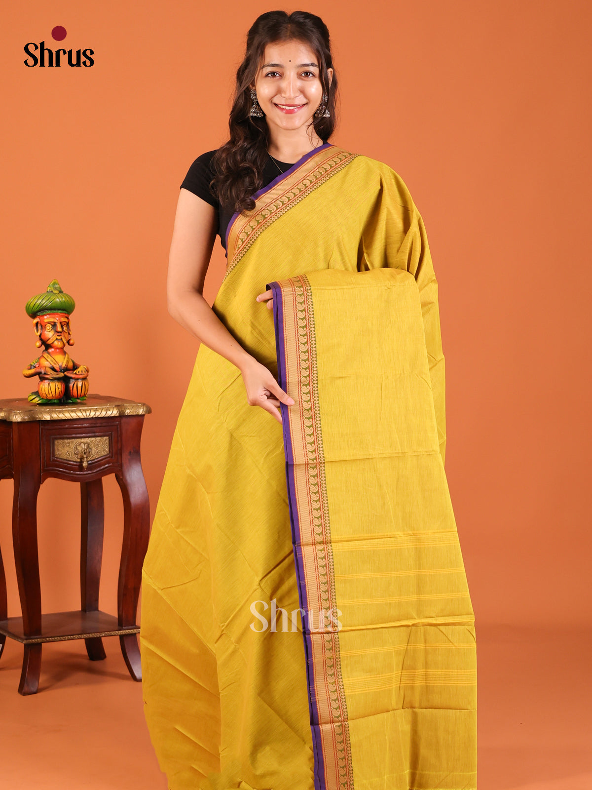 Mustardy Green with Violet - Chettinad Mix Cotton Saree - Shop on Shrus.com