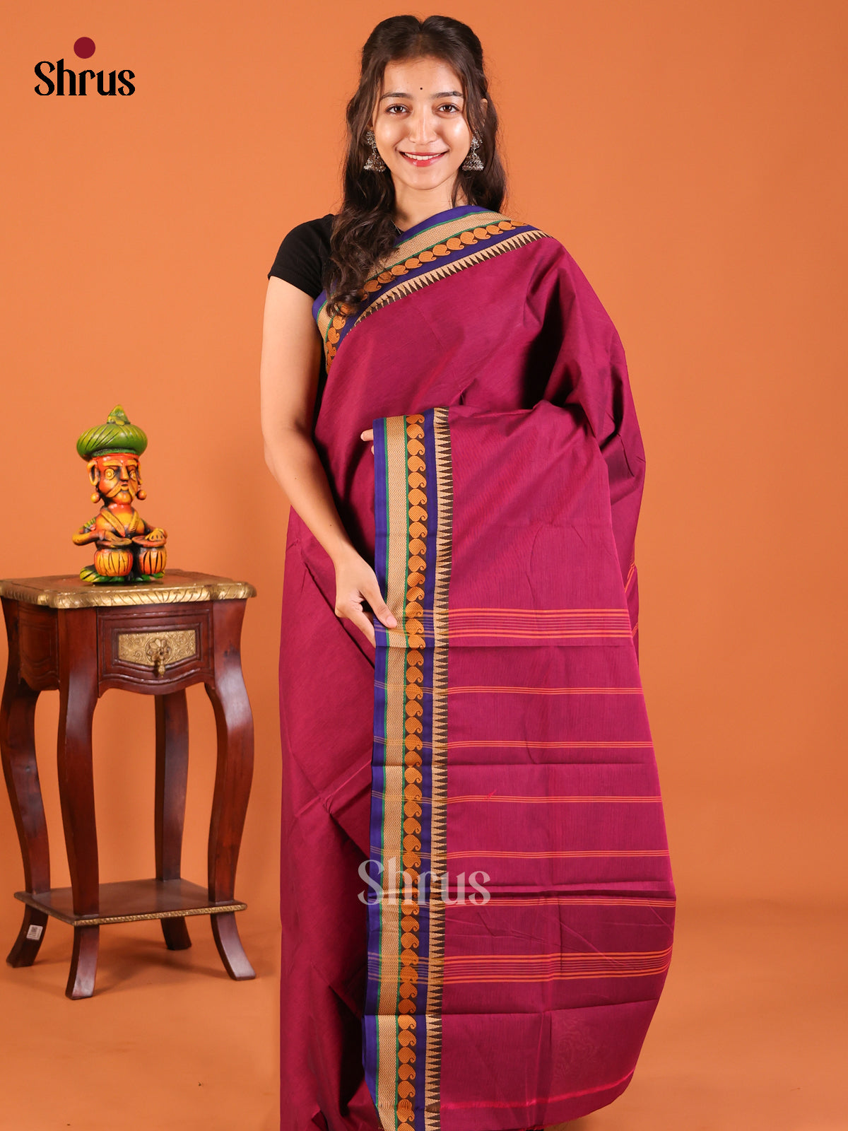 Maroon with Blue - Chettinad Mix Cotton Saree - Shop on Shrus.com