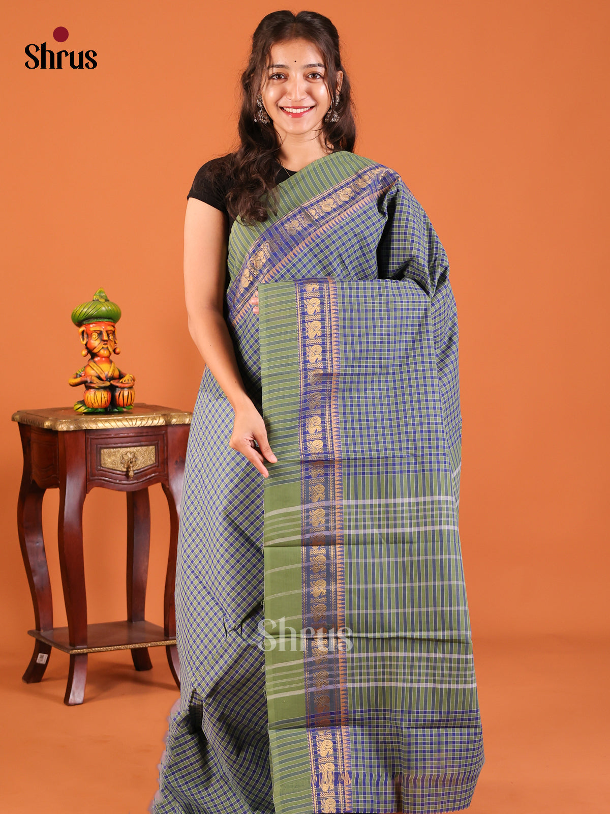 Blue & Green  - Chettinad Mix Cotton Saree - Shop on Shrus.com