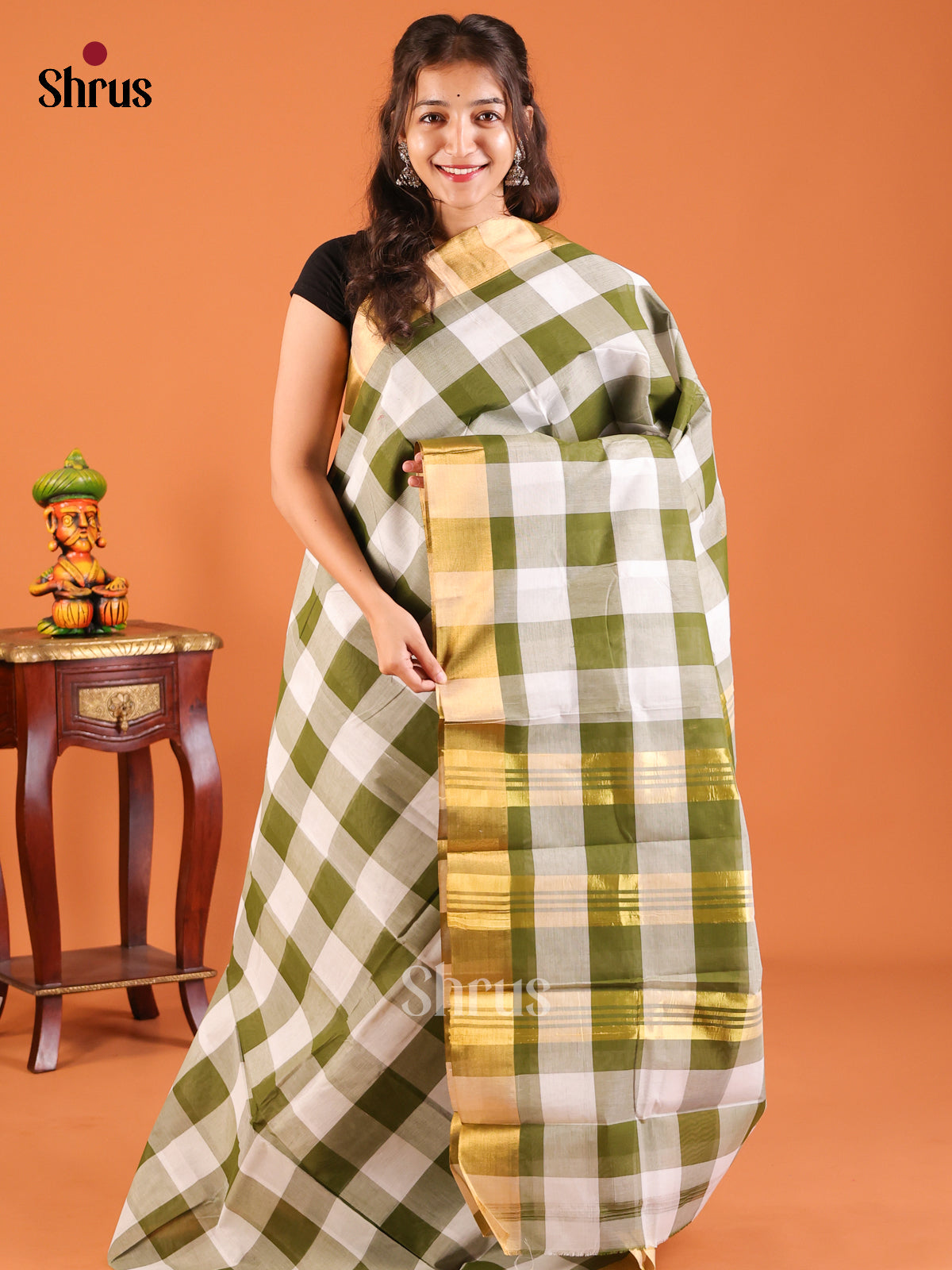 Green & Cream - Chettinad Mix Cotton Saree - Shop on Shrus.com