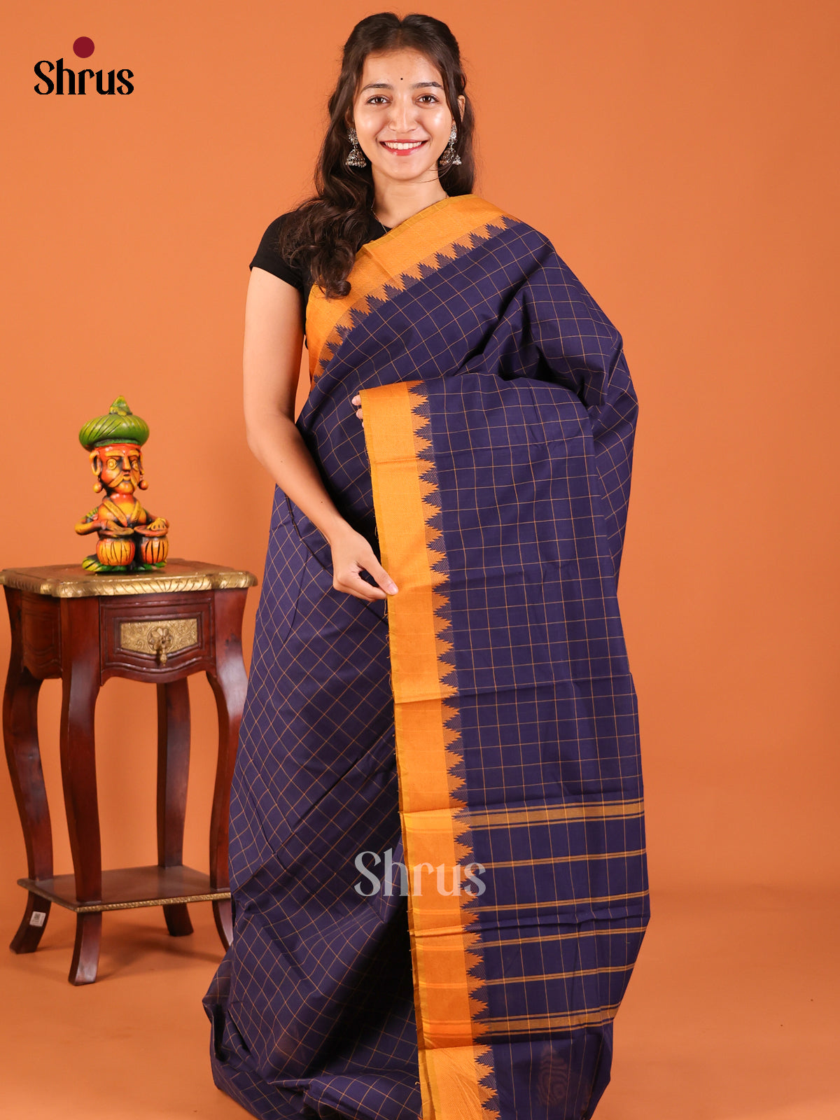 Blue with Mustard - Chettinad Mix Cotton Saree - Shop on Shrus.com