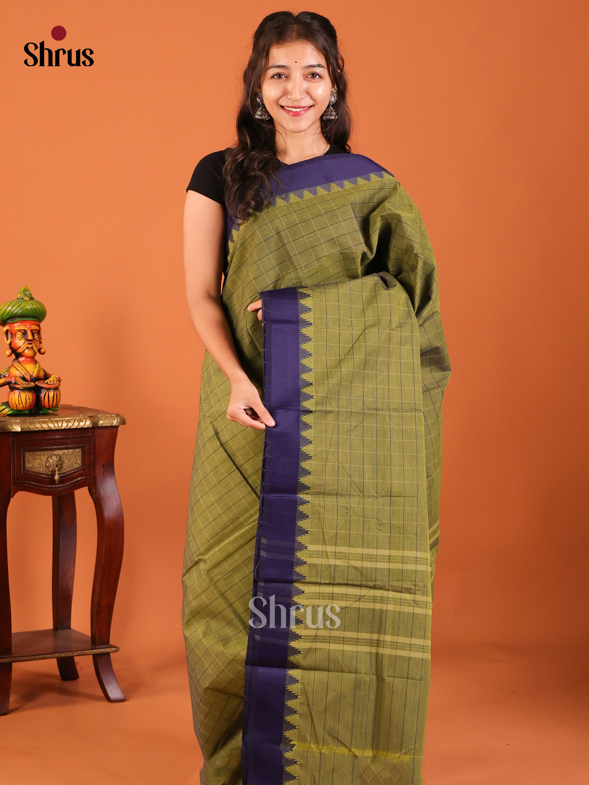 Paasi Green with Blue - Chettinad Mix Cotton Saree - Shop on Shrus.com