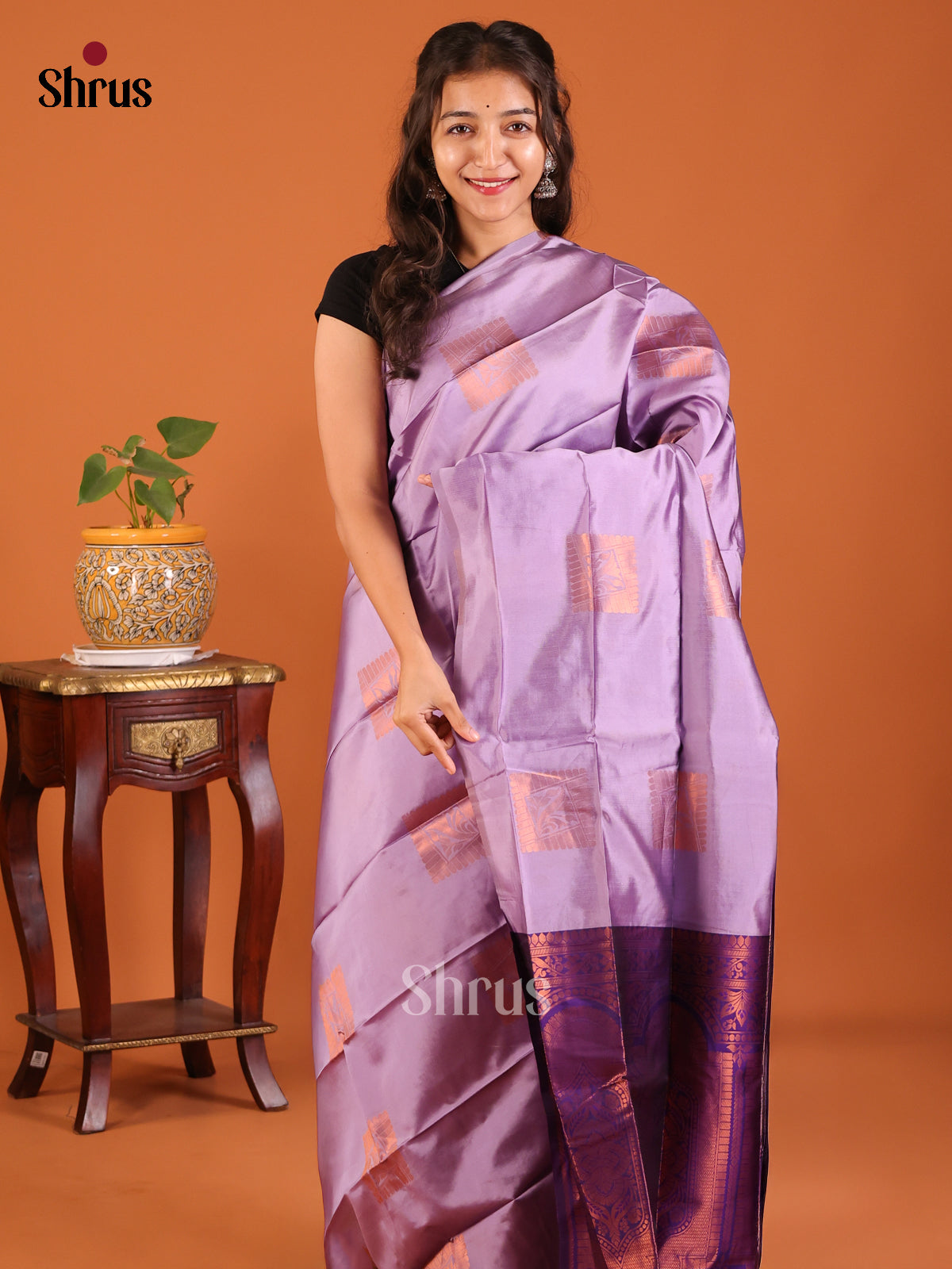 Lavender with Violet - Semisoft silk Saree - Shop on Shrus.com