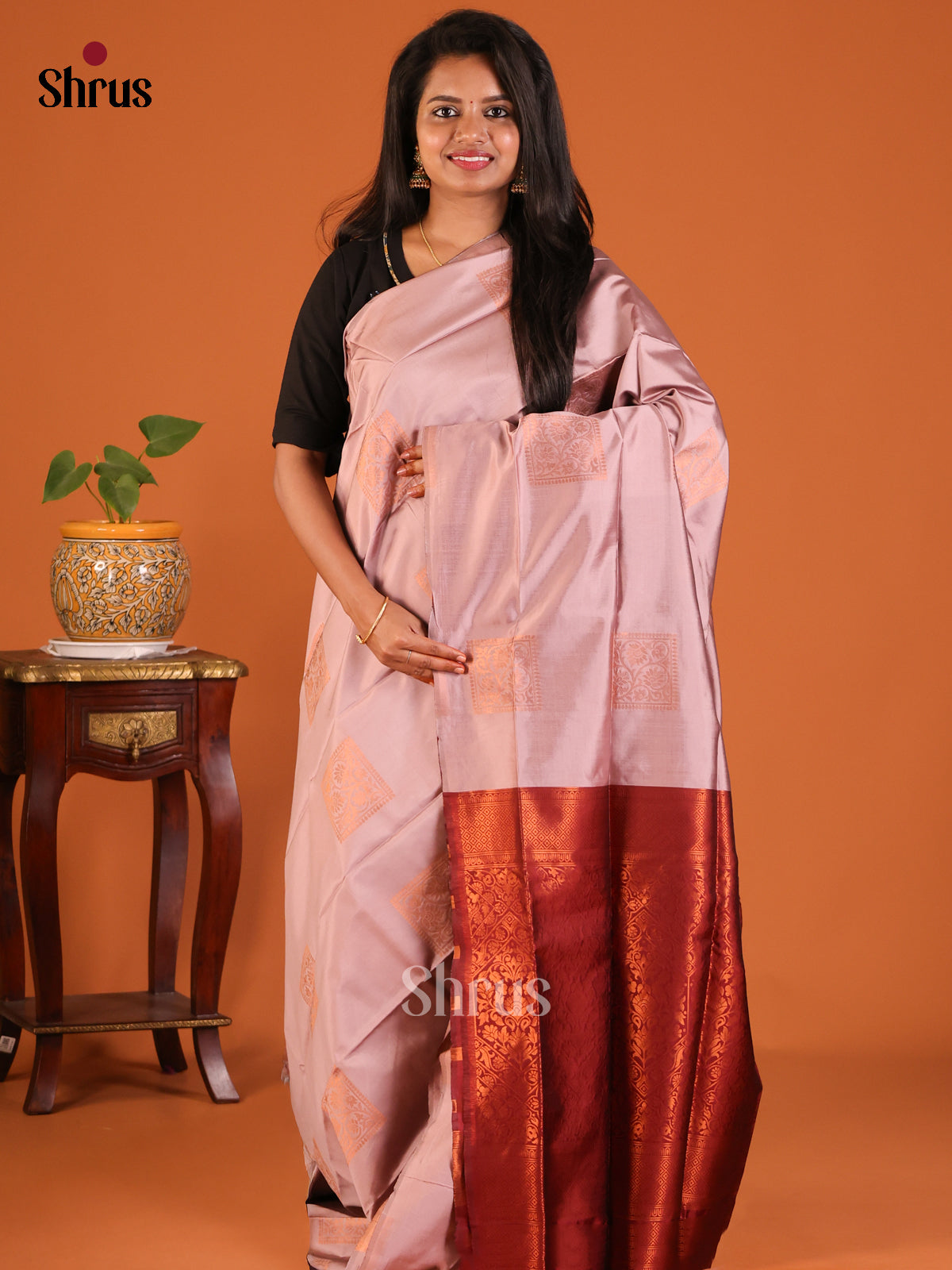 Lavender with  Maroon - Semisoft silk Saree - Shop on Shrus.com