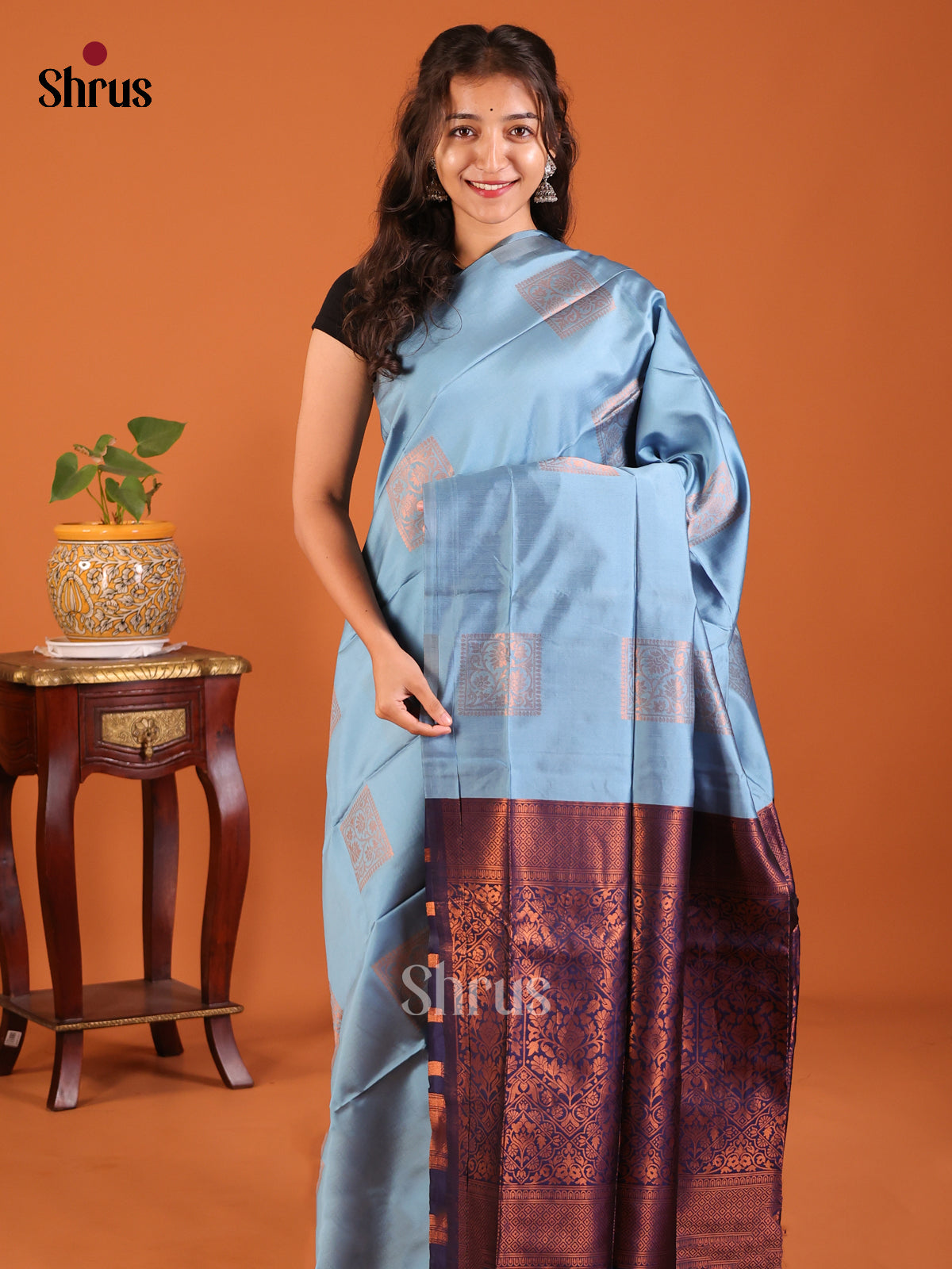 Pastel Blue with Blue - Semisoft silk Saree - Shop on Shrus.com