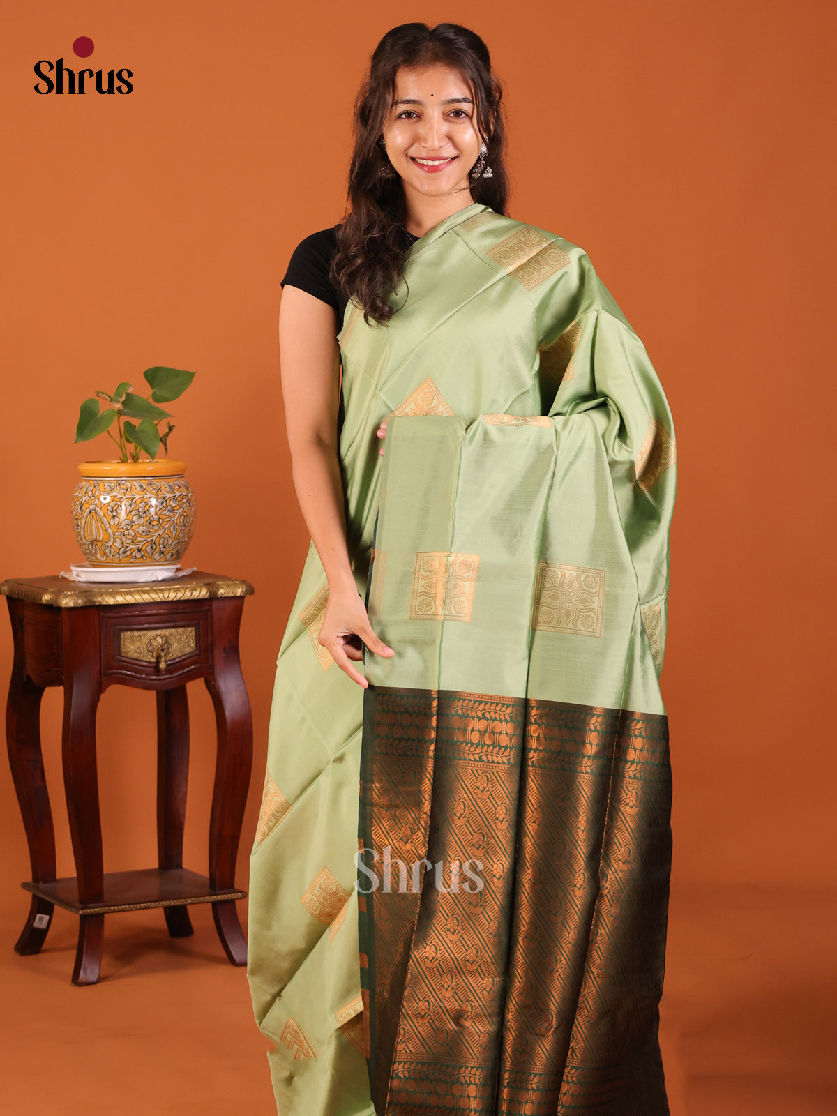 Pastel Green with Green  - Semisoft silk Saree - Shop on Shrus.com