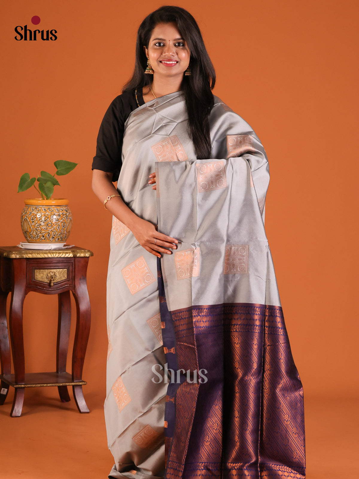 Grey with Blue - Semisoft silk Saree - Shop on Shrus.com