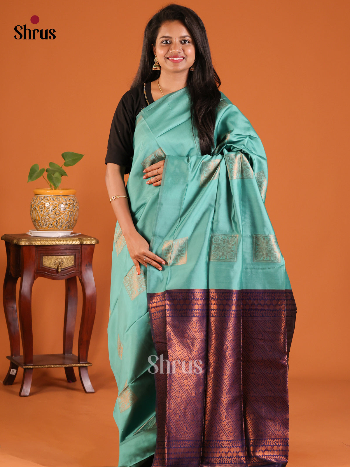 Teal with Blue - Semisoft silk Saree - Shop on Shrus.com