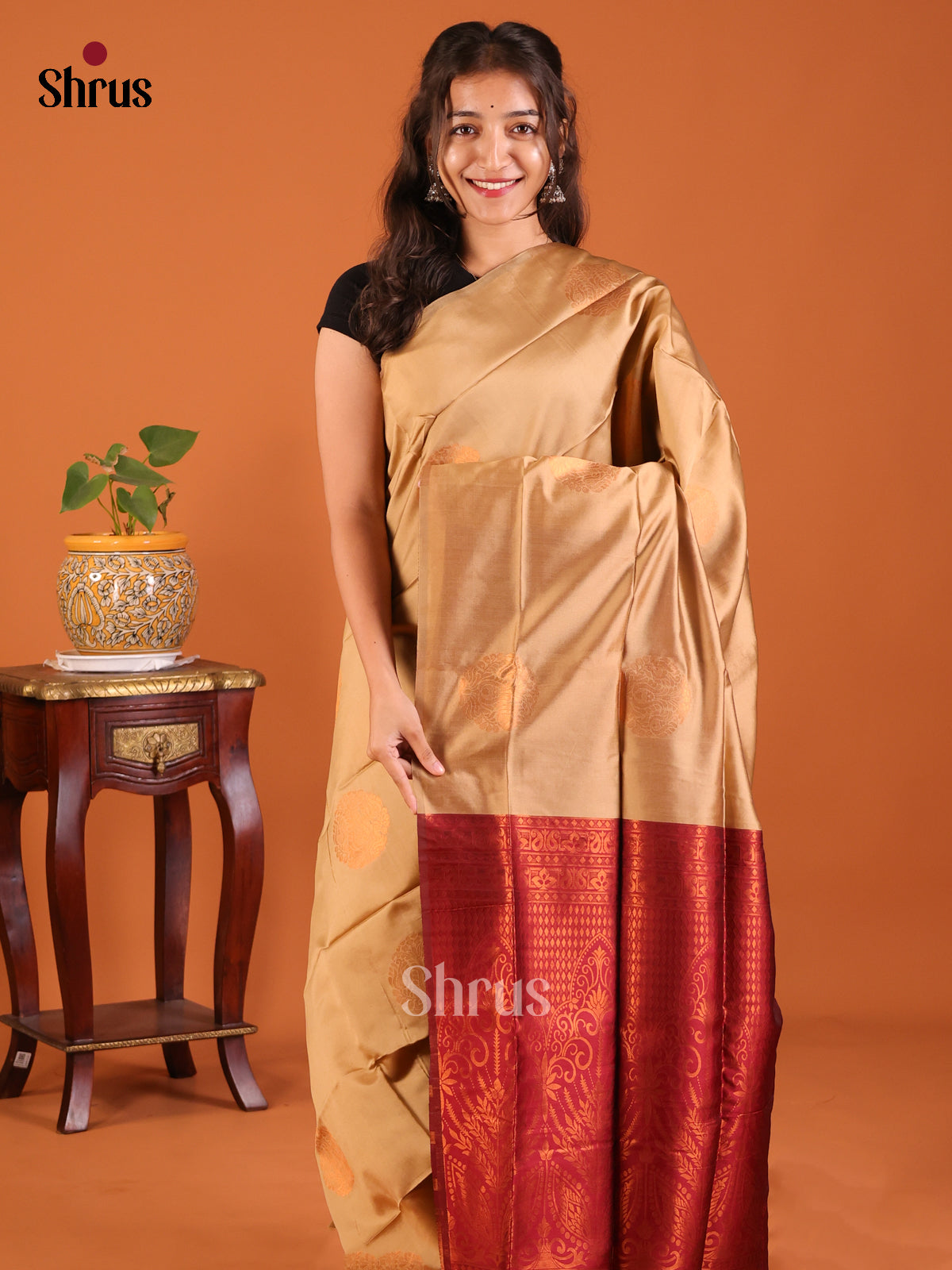 Gold with Maroon  - Semisoft silk Saree - Shop on Shrus.com