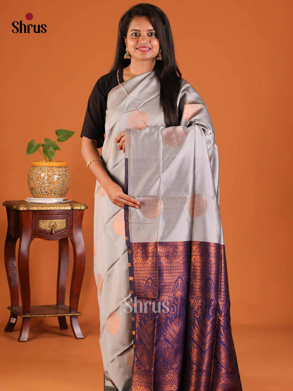 Grey with Blue - Semisoft silk Saree - Shop on Shrus.com