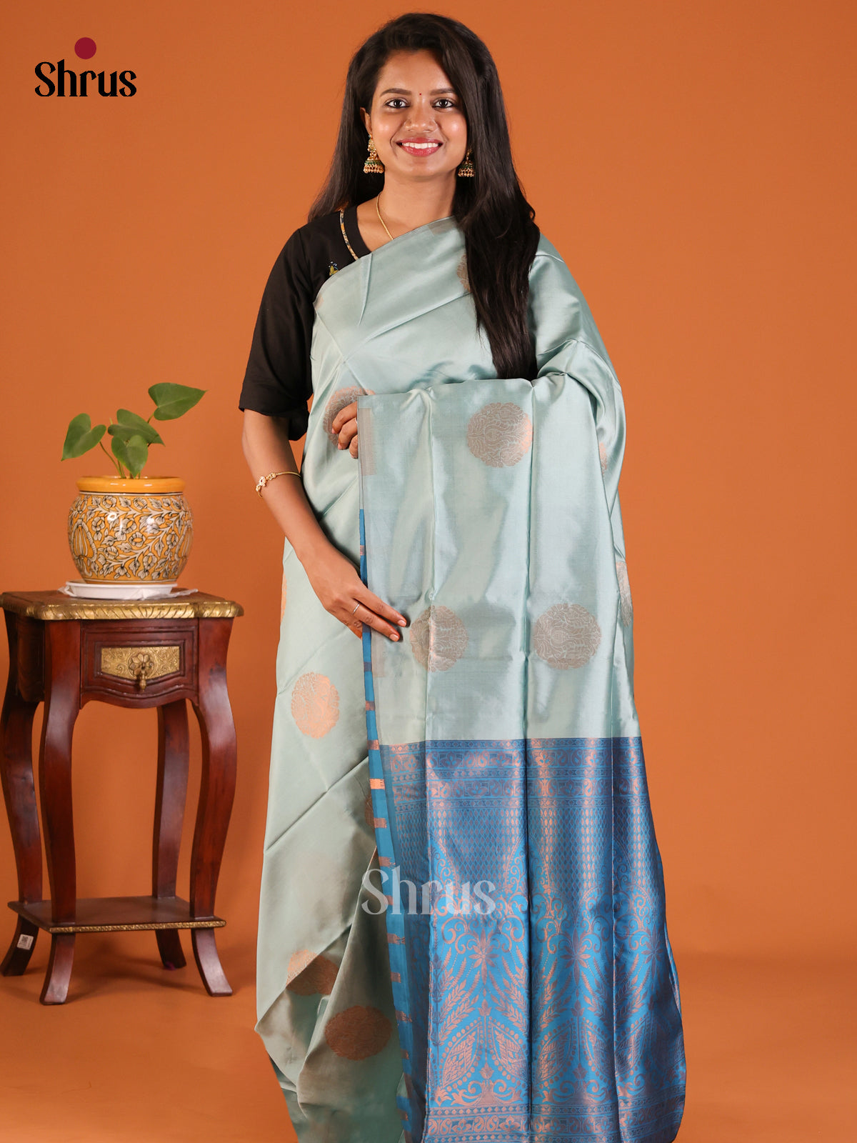 Pastel Blue with Blue - Semisoft silk Saree - Shop on Shrus.com