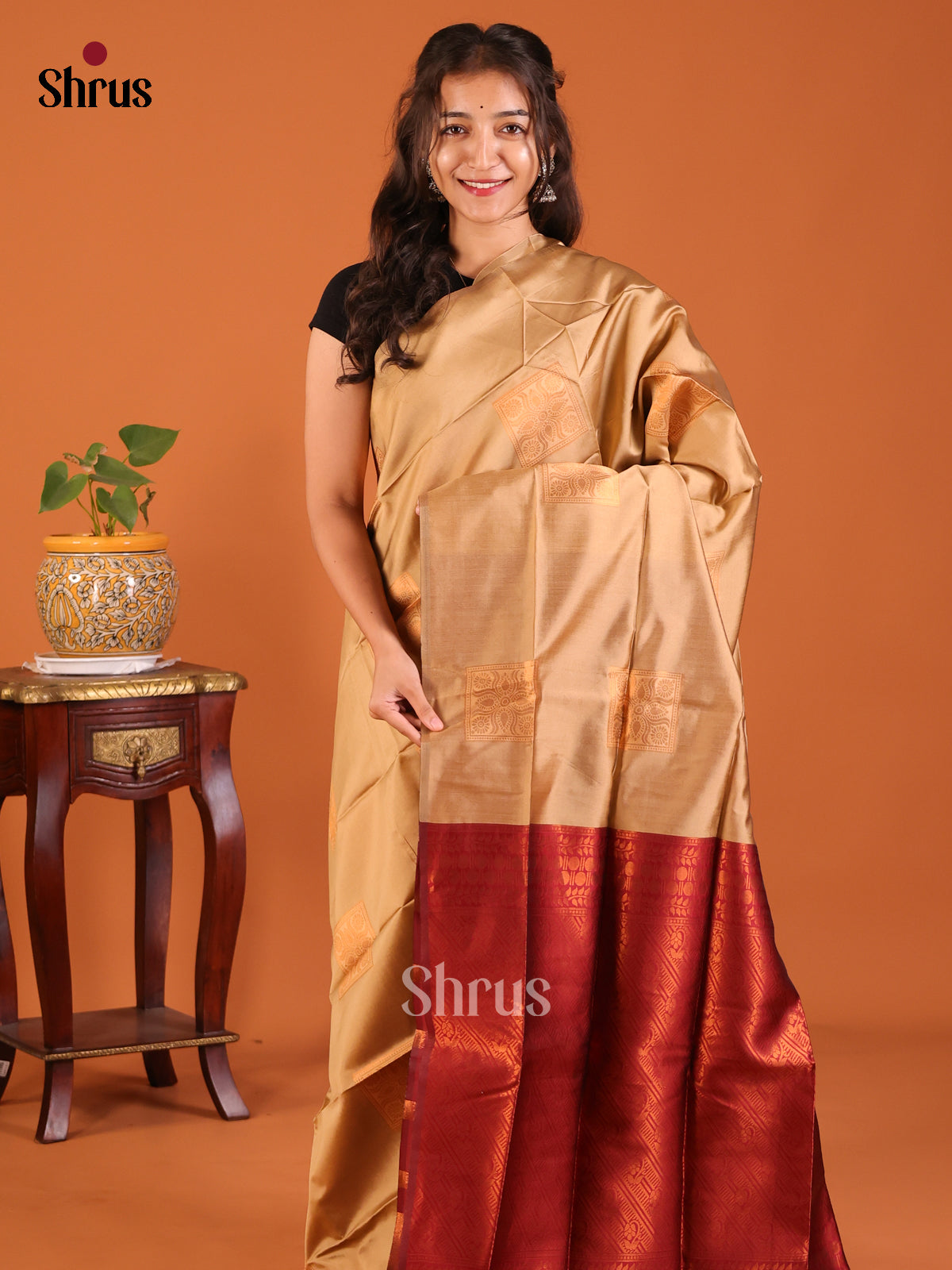 Dull Gold with Maroon - Semisoft silk Saree - Shop on Shrus.com