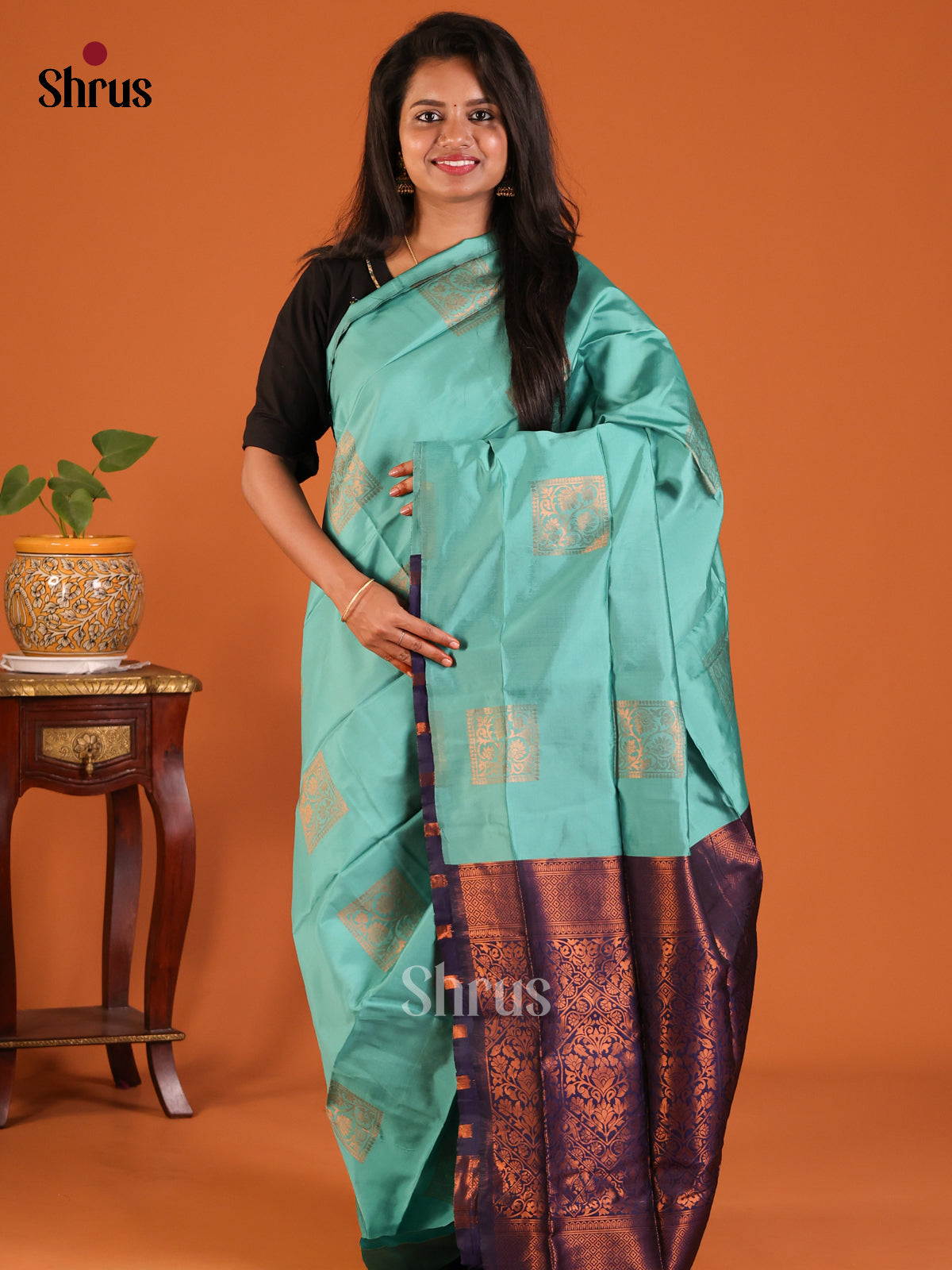 Pastel Blue with Blue- Semisoft silk Saree - Shop on Shrus.com