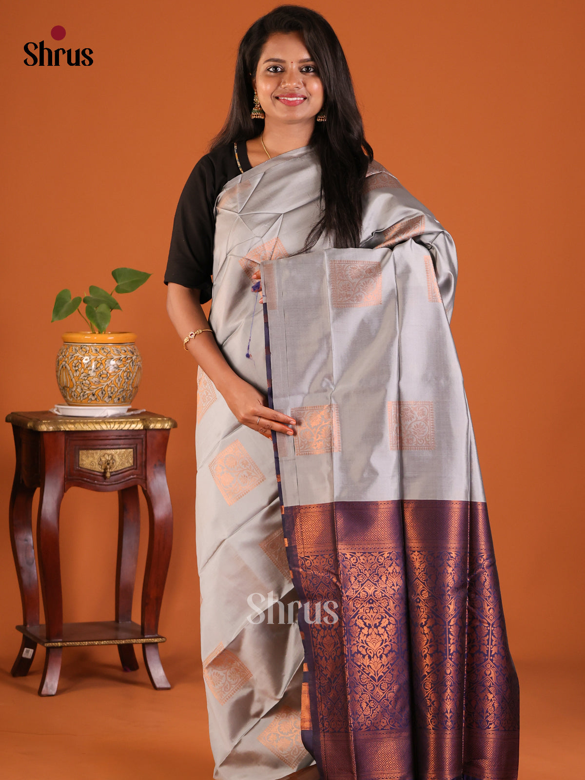 Grey with Blue - Semisoft silk Saree - Shop on Shrus.com