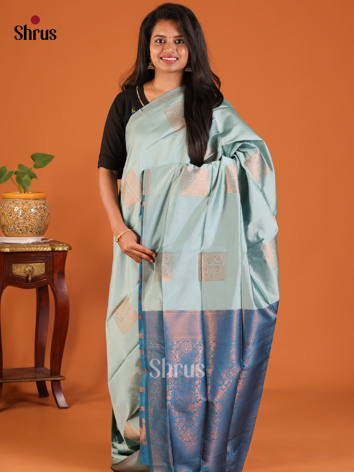 Pastel Blue with Blue - Semisoft silk Saree - Shop on Shrus.com