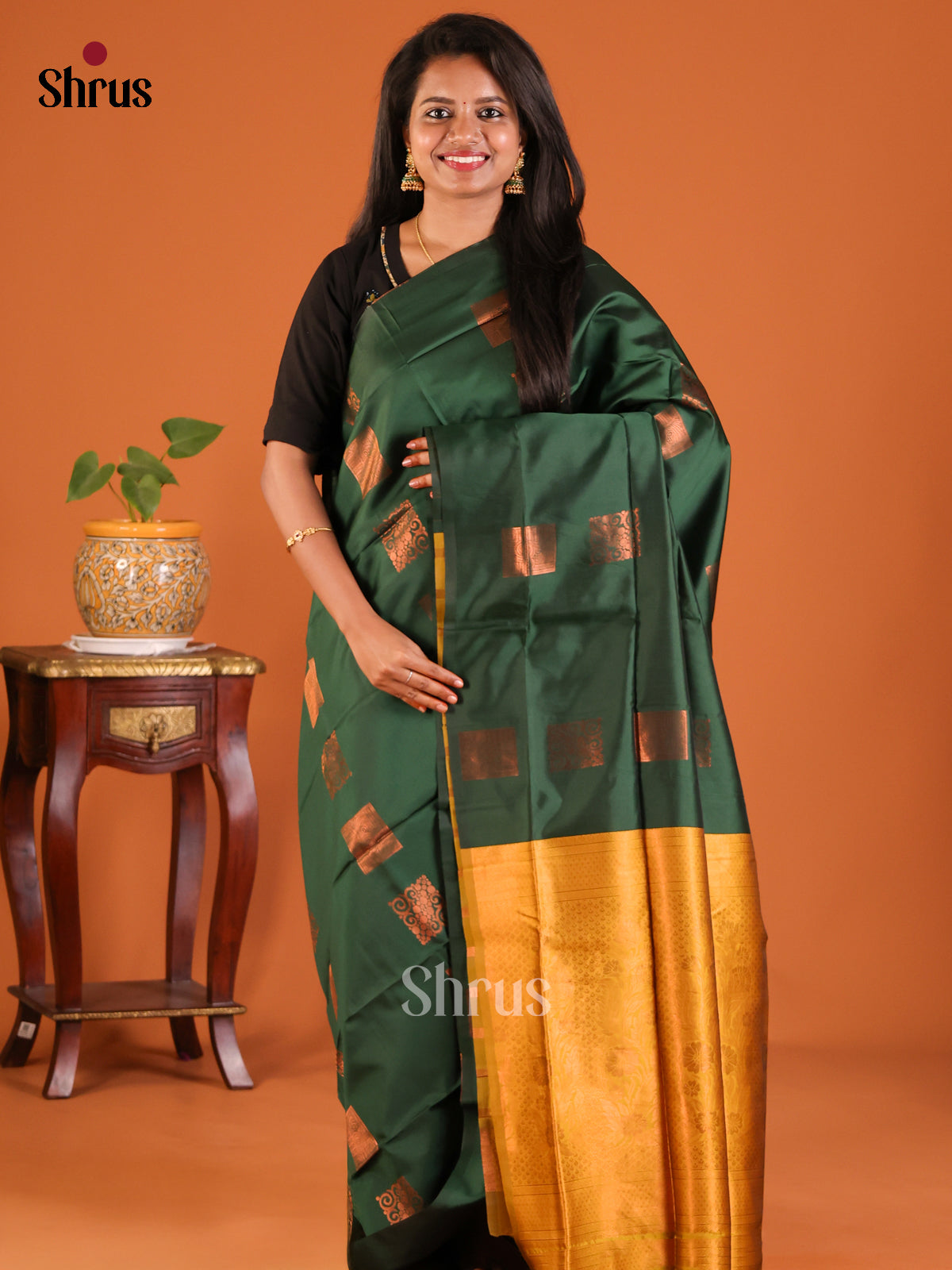 Bottle Green with Mustard Green - Semisoft silk Saree - Shop on Shrus.com