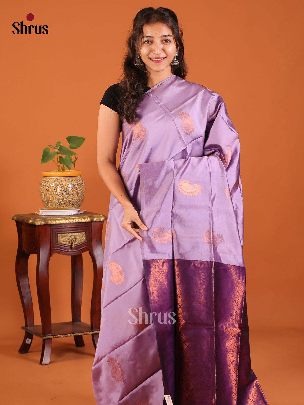 Lavender with Violet - Semisoft silk Saree - Shop on Shrus.com