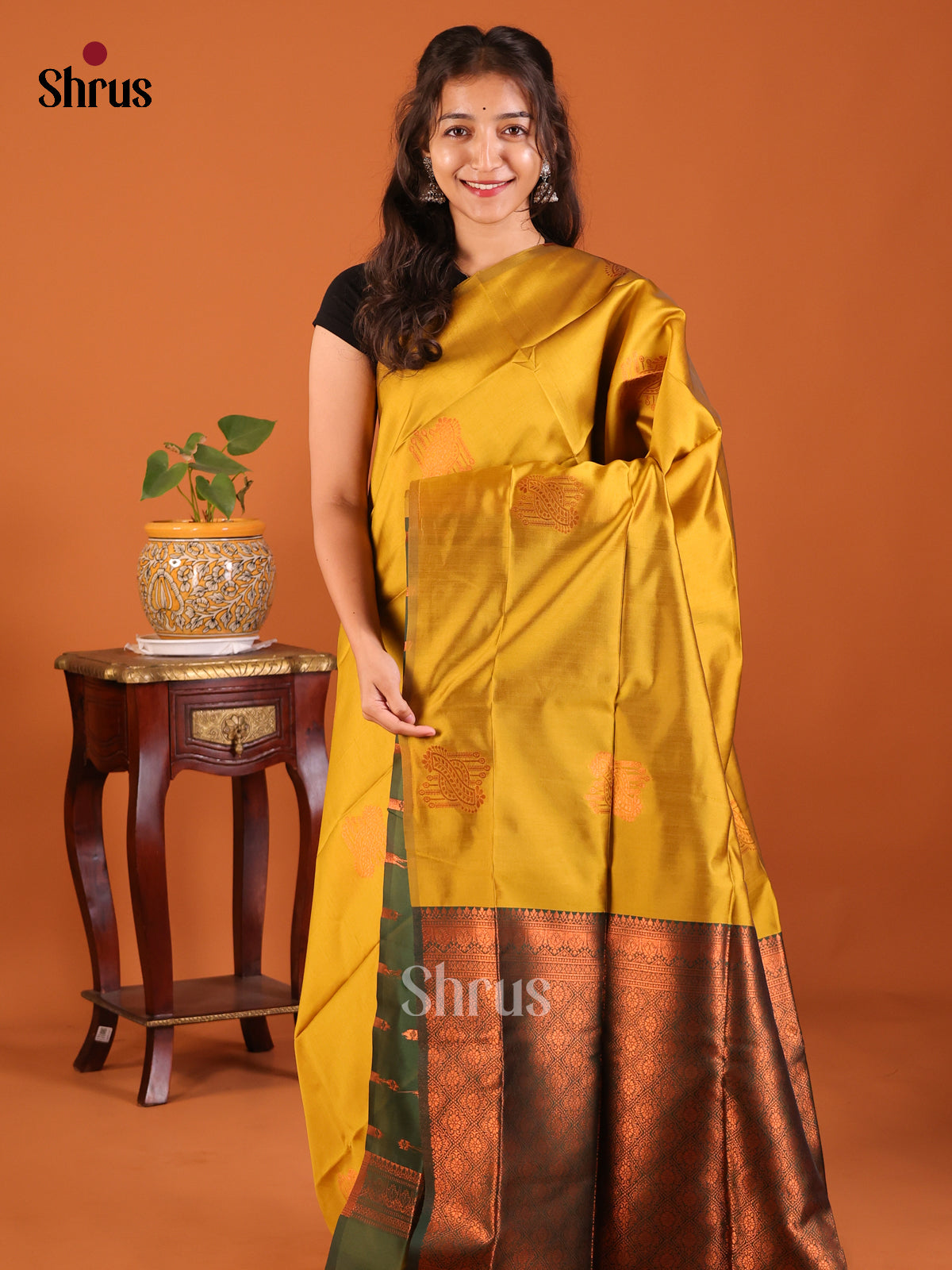 Mustardy Green with Green - Semisoft silk Saree - Shop on Shrus.com