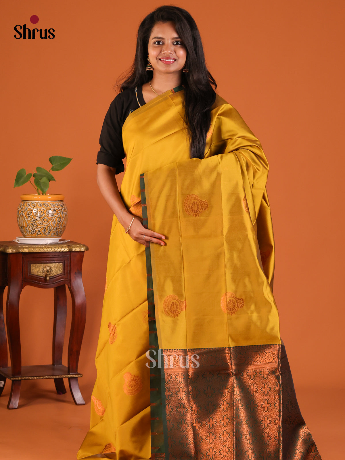 Mustardy Green with Green- Semisoft silk Saree - Shop on Shrus.com