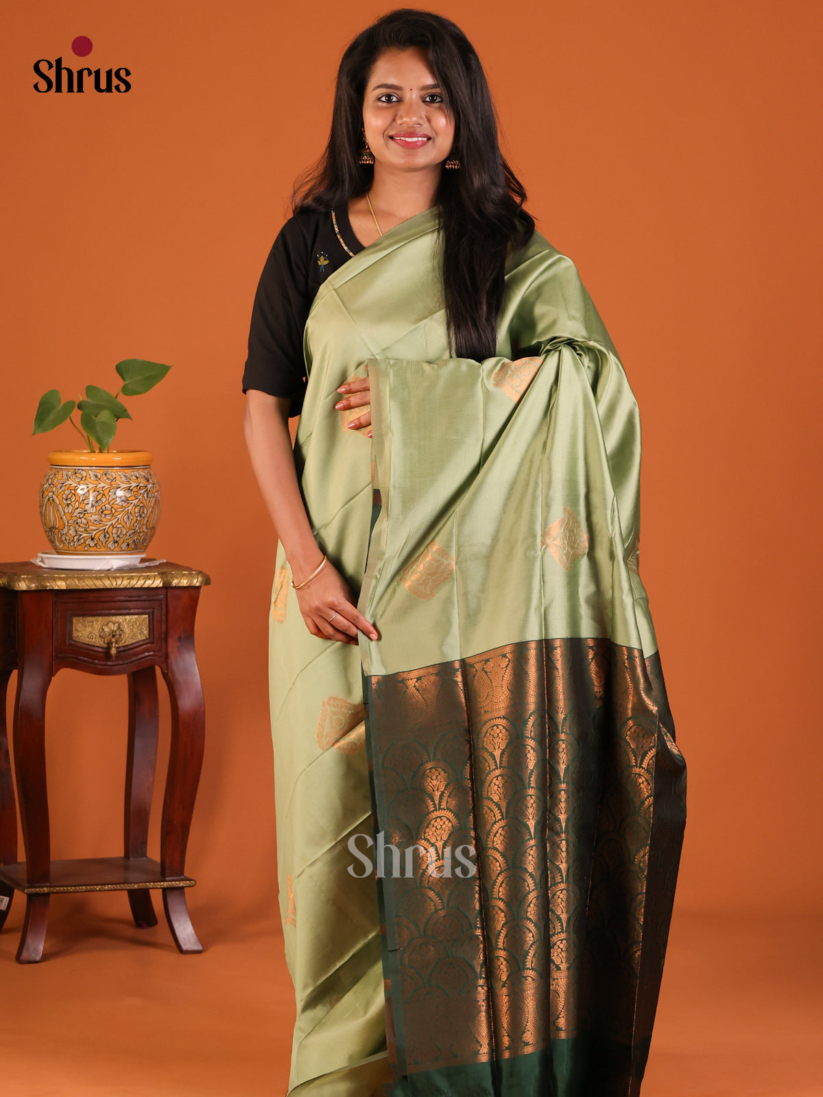 Pastel Green with Green - Semisoft silk Saree - Shop on Shrus.com