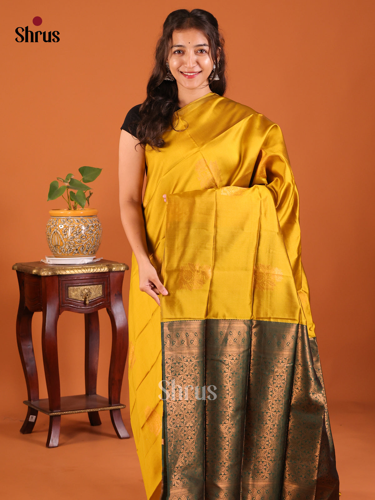 Mustardy Green with Green - Semisoft silk Saree - Shop on Shrus.com