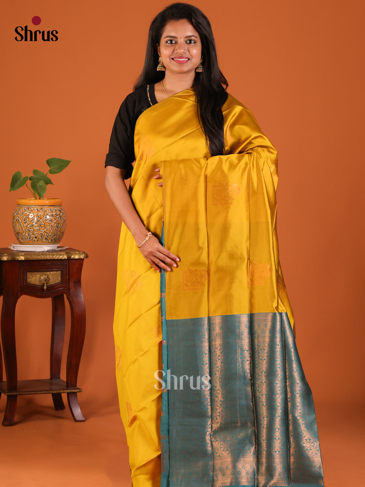 Mustardy Green with Blue - Semisoft silk Saree - Shop on Shrus.com