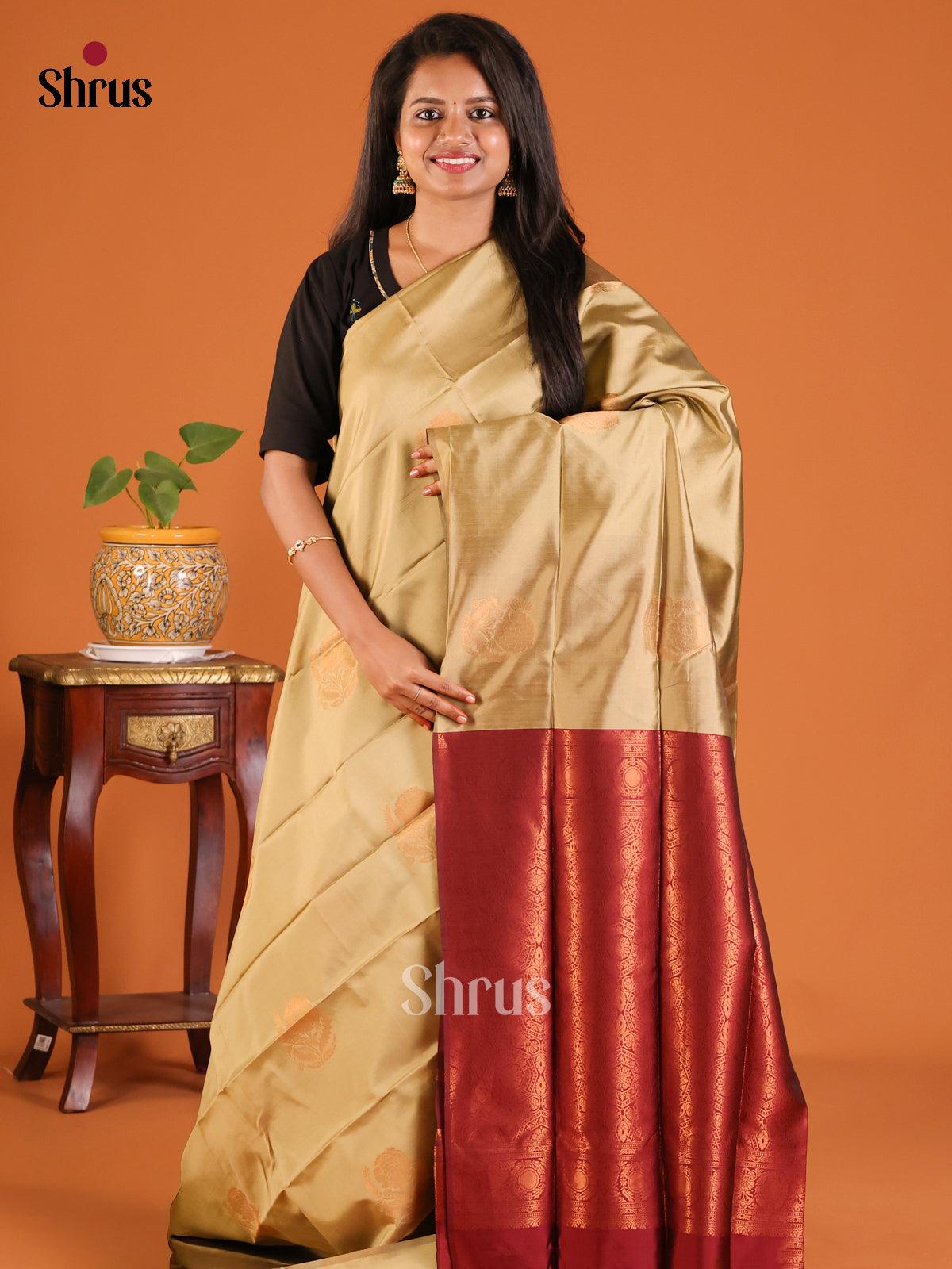 Dull Gold with Maroon - Semisoft silk Saree - Shop on Shrus.com